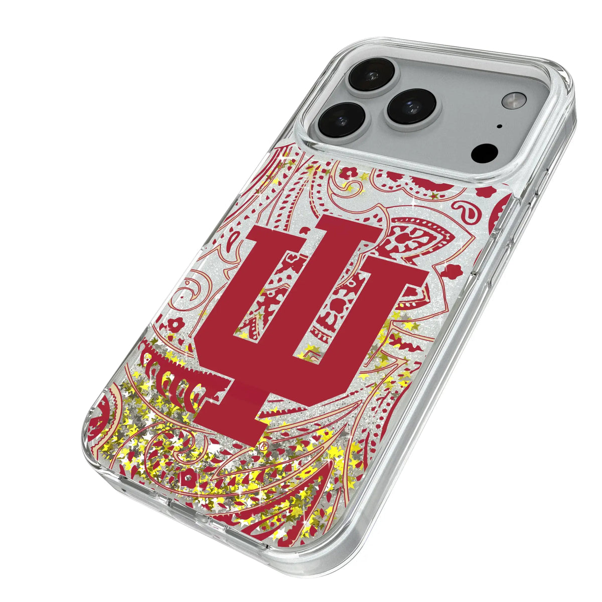 Indiana University Hoosiers Paisley iPhone Glitter Phone Case for Apple iPhone - Isometric View#Device_iPhone 18 Pro