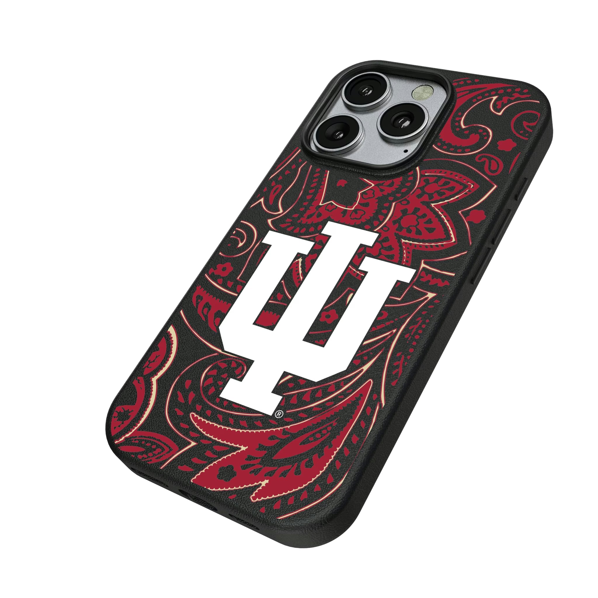 Indiana University Hoosiers Paisley iPhone MagSafe Compatible Phone Case for Apple iPhone - Isometric View