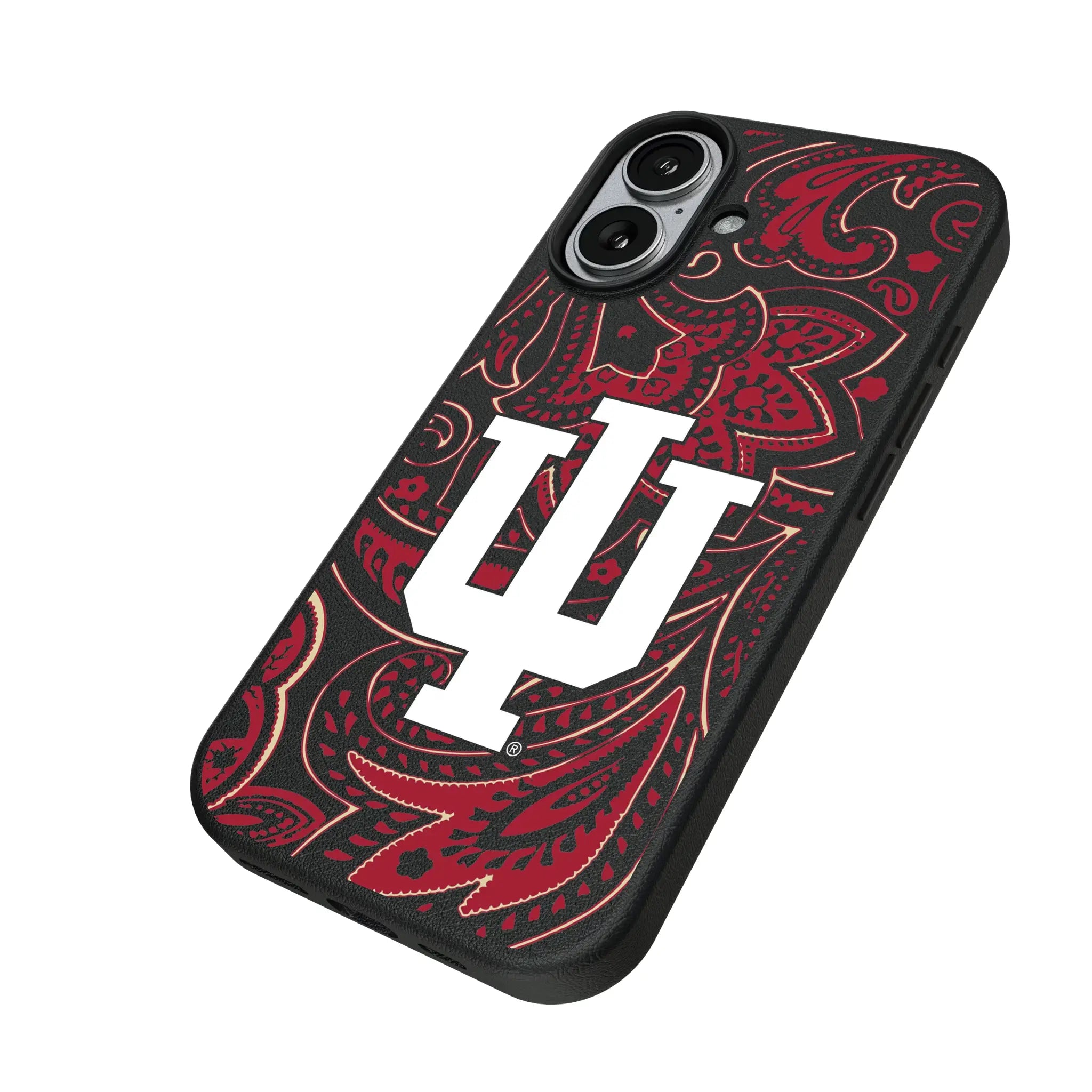 Indiana University Hoosiers Paisley iPhone MagSafe Compatible Phone Case for Apple iPhone - Isometric View#Device_iPhone 17