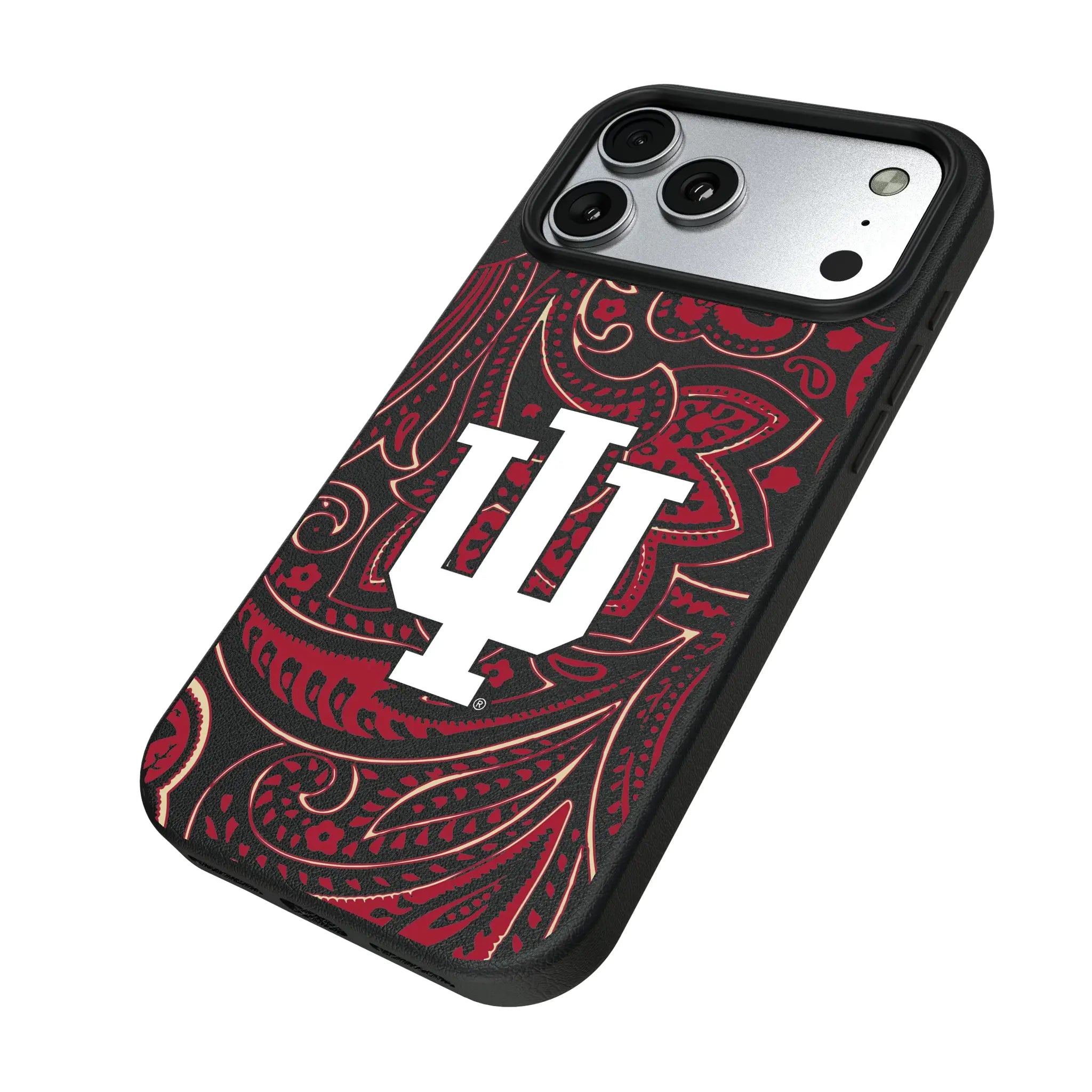Indiana University Hoosiers Paisley iPhone MagSafe Compatible Phone Case for Apple iPhone - Isometric View#Device_iPhone 17 Pro Max