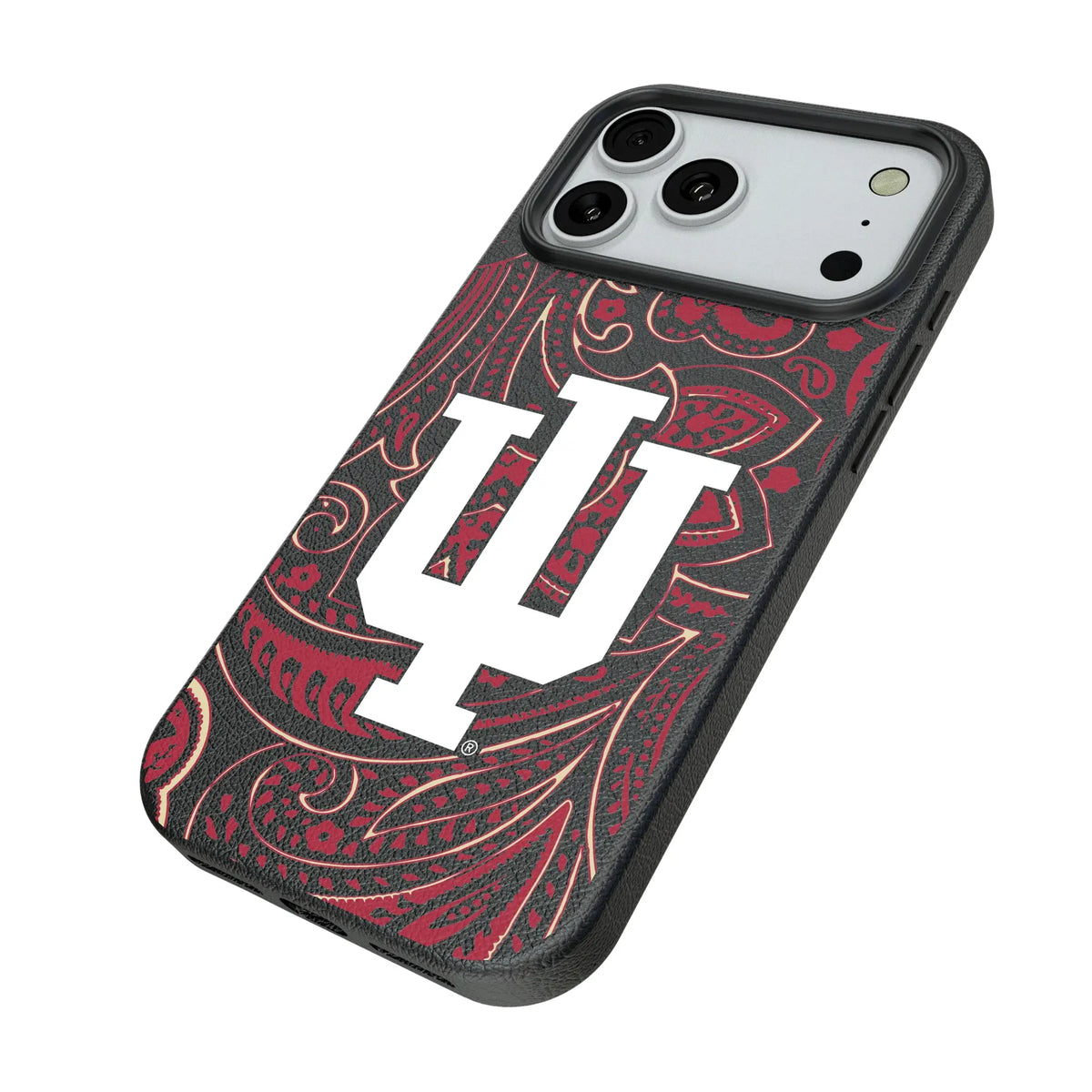 Indiana University Hoosiers Paisley iPhone MagSafe Compatible Phone Case for Apple iPhone - Isometric View#Device_iPhone 18 Pro Max