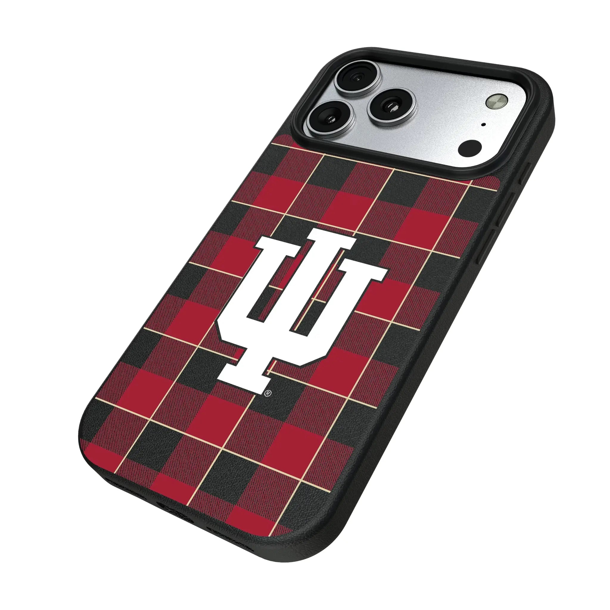 Indiana University Hoosiers Plaid iPhone MagSafe Compatible Phone Case for Apple iPhone - Isometric View#Device_iPhone 17 Pro Max