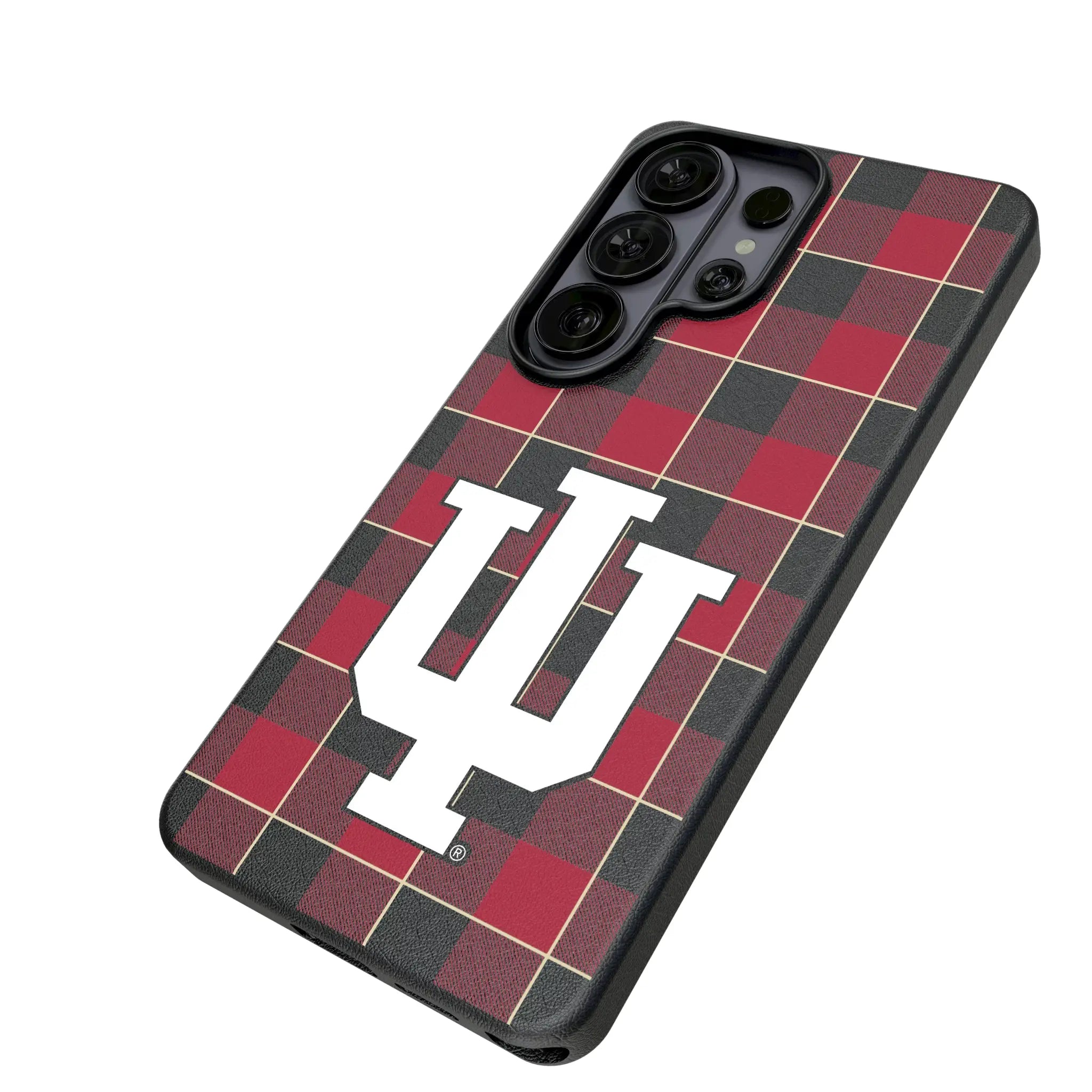Indiana University Hoosiers Plaid Galaxy MagSafe Compatible Phone Case for Samsung Galaxy - Isometric View#Device_Galaxy S26 Ultra