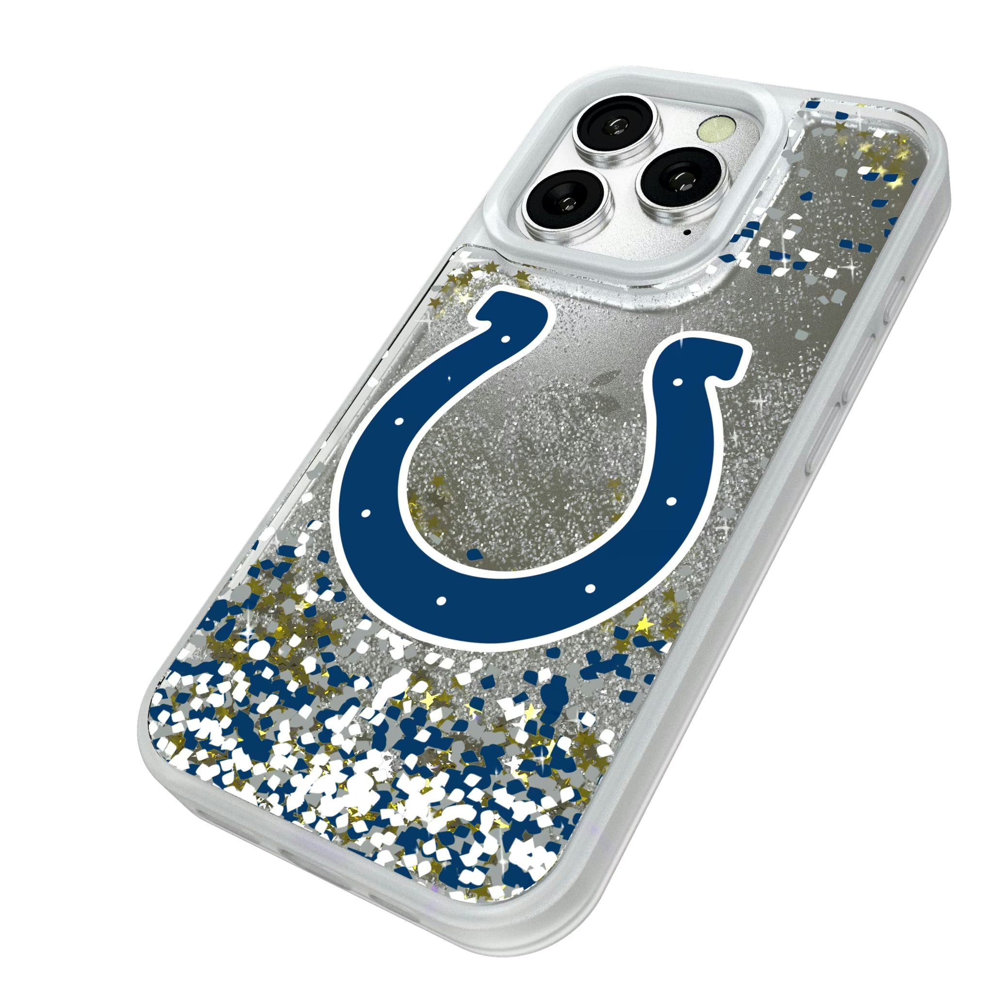 Indianapolis Colts Confetti iPhone Glitter Phone Case for Apple iPhone - Isometric View#Device_iPhone 16 Pro
