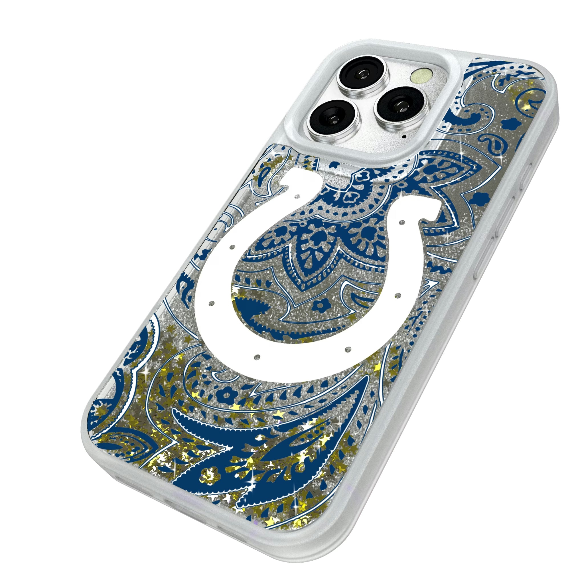 Indianapolis Colts Paisley iPhone Glitter Phone Case for Apple iPhone - Isometric View#Device_iPhone 16 Pro