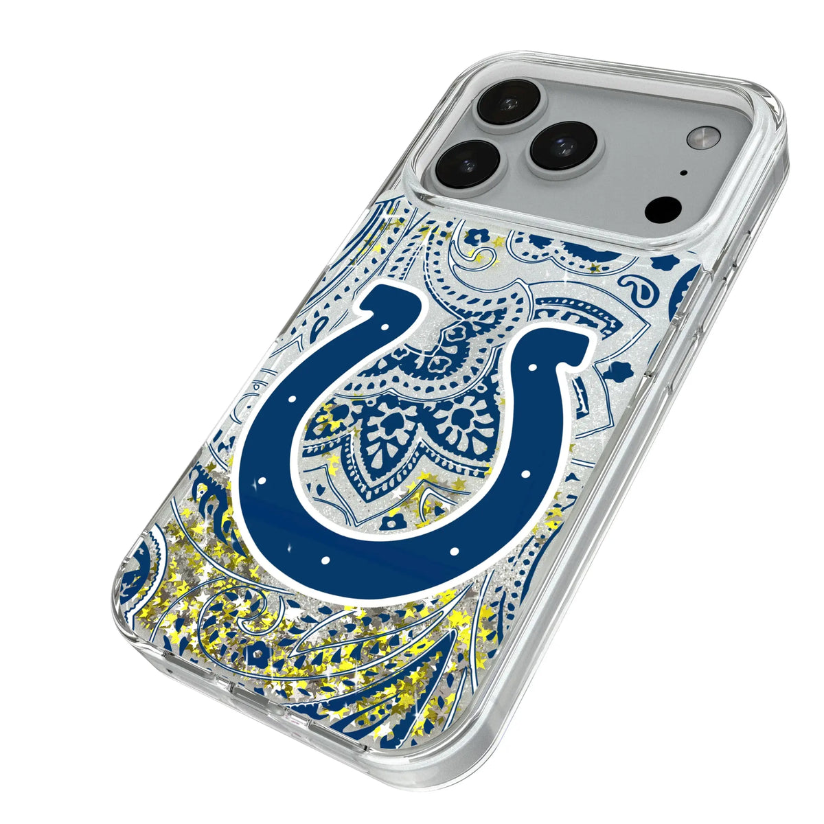 Indianapolis Colts Paisley iPhone Glitter Phone Case for Apple iPhone - Isometric View#Device_iPhone 18 Pro