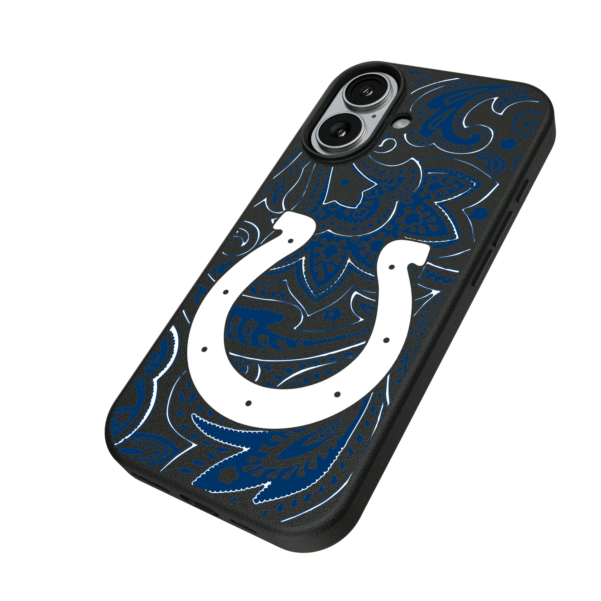 Indianapolis Colts Paisley iPhone MagSafe Compatible Phone Case for Apple iPhone - Isometric View#Device_iPhone 17