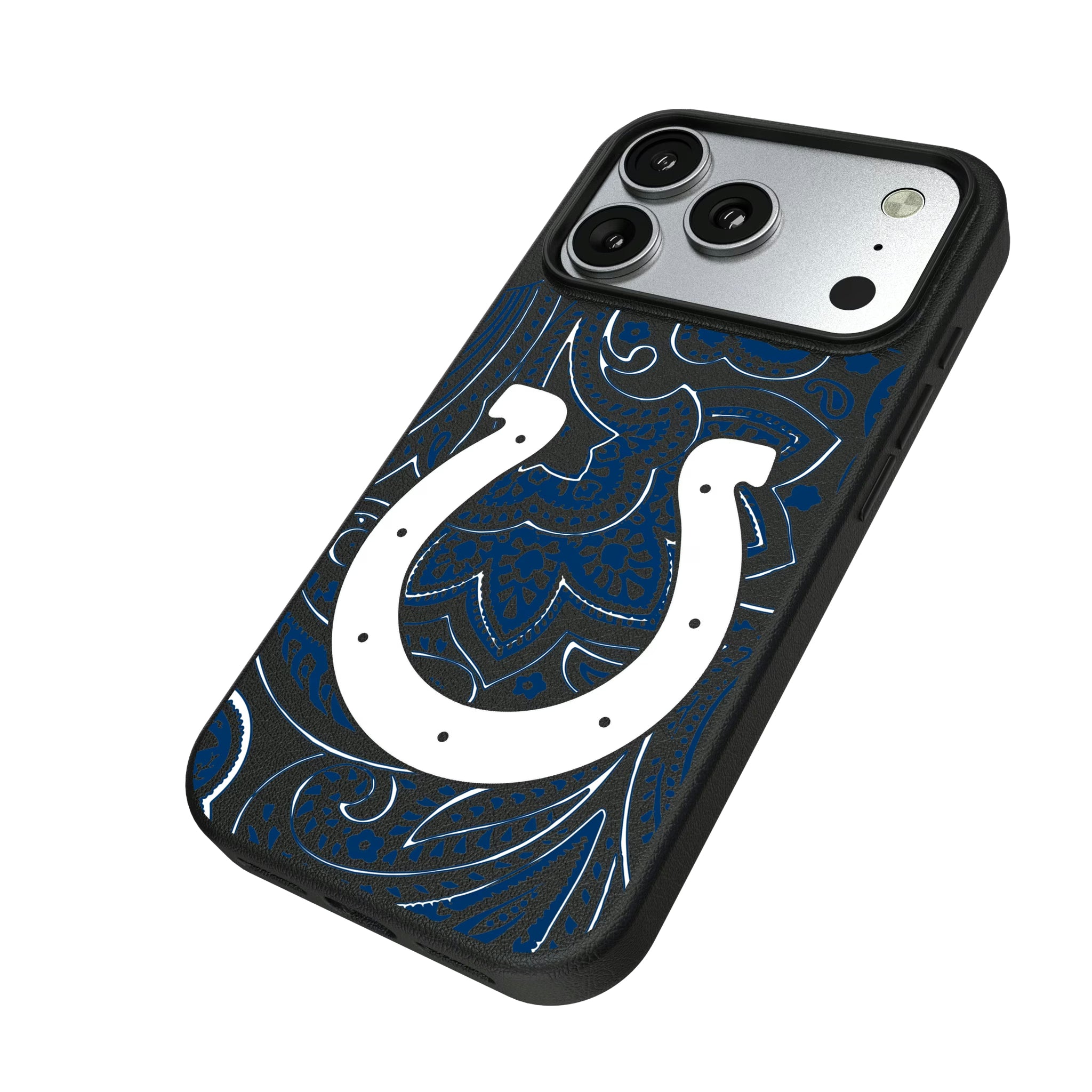 Indianapolis Colts Paisley iPhone MagSafe Compatible Phone Case for Apple iPhone - Isometric View#Device_iPhone 17 Pro