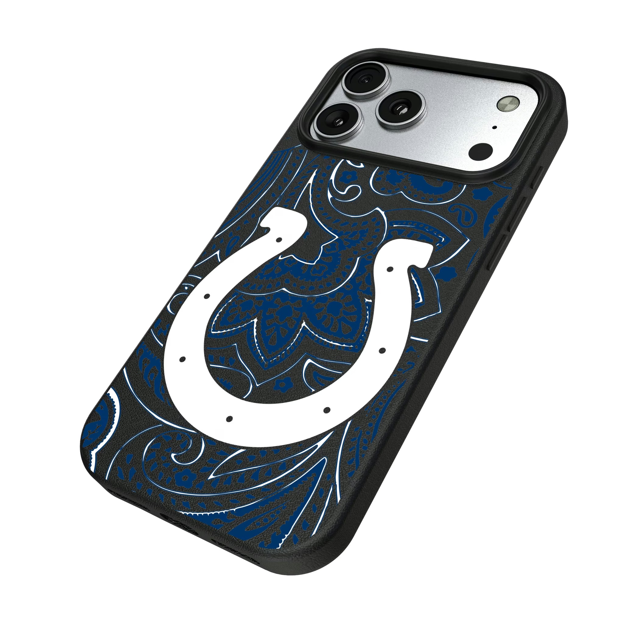 Indianapolis Colts Paisley iPhone MagSafe Compatible Phone Case for Apple iPhone - Isometric View#Device_iPhone 17 Pro Max