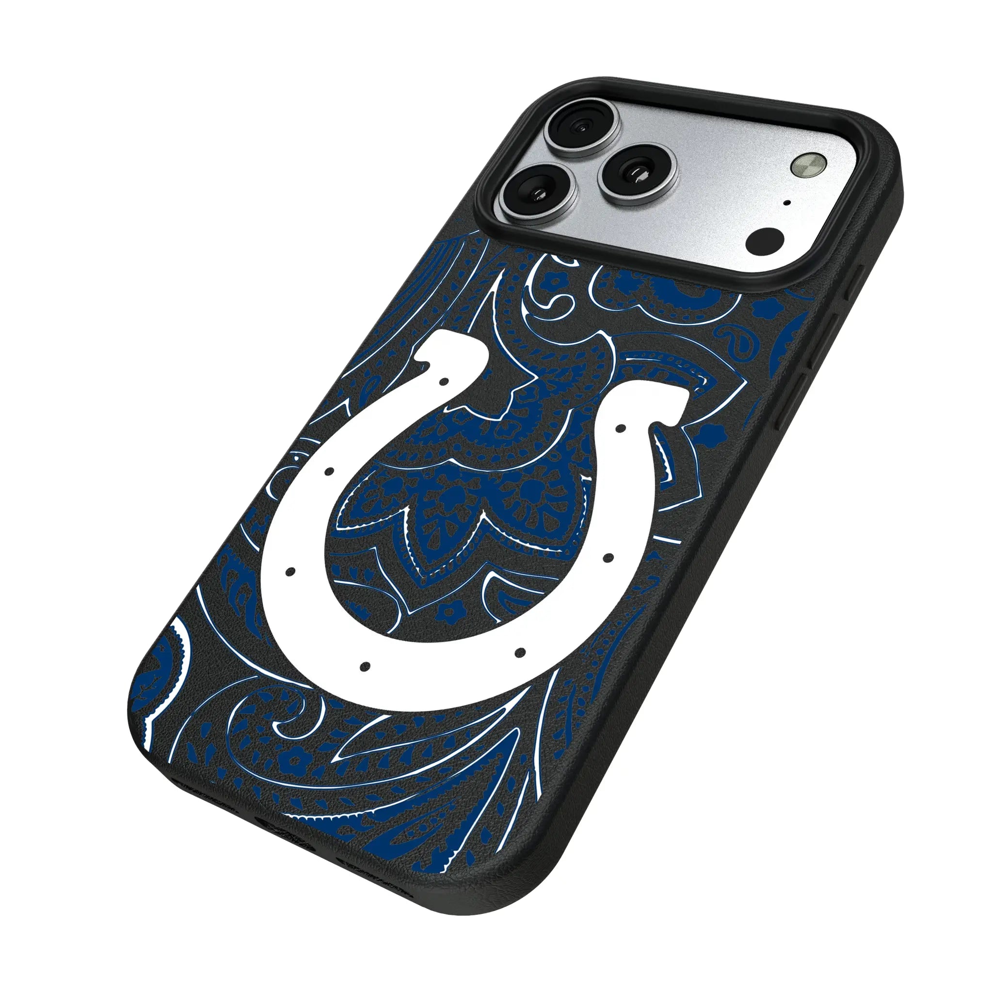 Indianapolis Colts Paisley iPhone MagSafe Compatible Phone Case for Apple iPhone - Isometric View#Device_iPhone 17 Pro Max