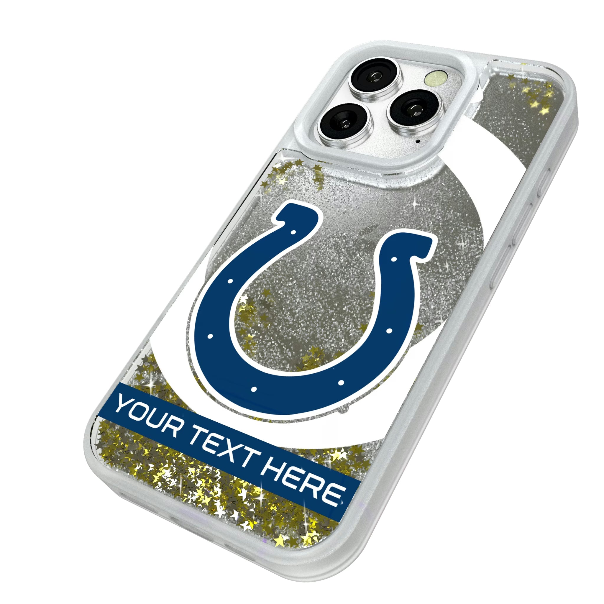 Indianapolis Colts Personalized Tilt iPhone Glitter Phone Case for Apple iPhone - Isometric View#Device_iPhone 16 Pro