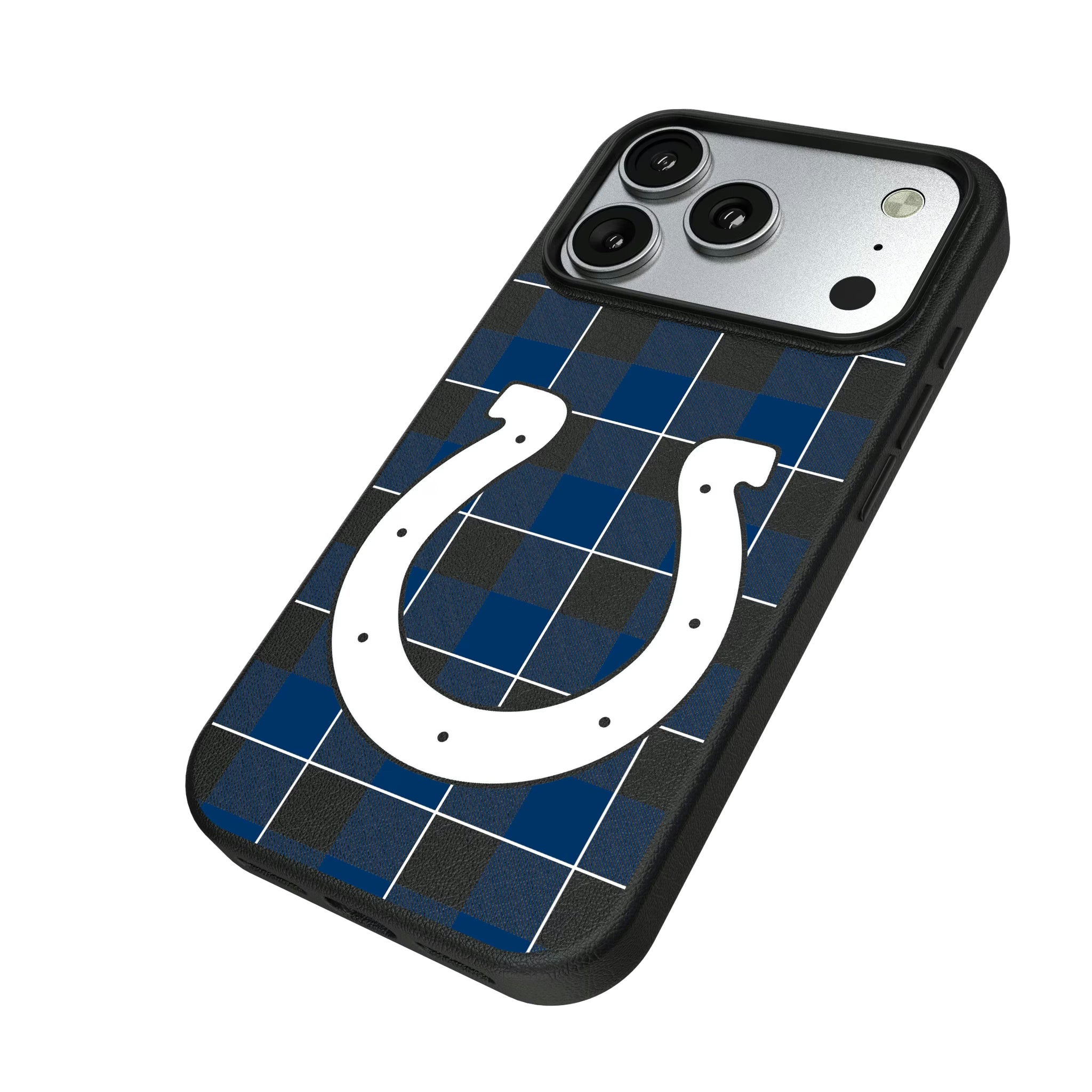Indianapolis Colts Plaid iPhone MagSafe Compatible Phone Case for Apple iPhone - Isometric View#Device_iPhone 17 Pro