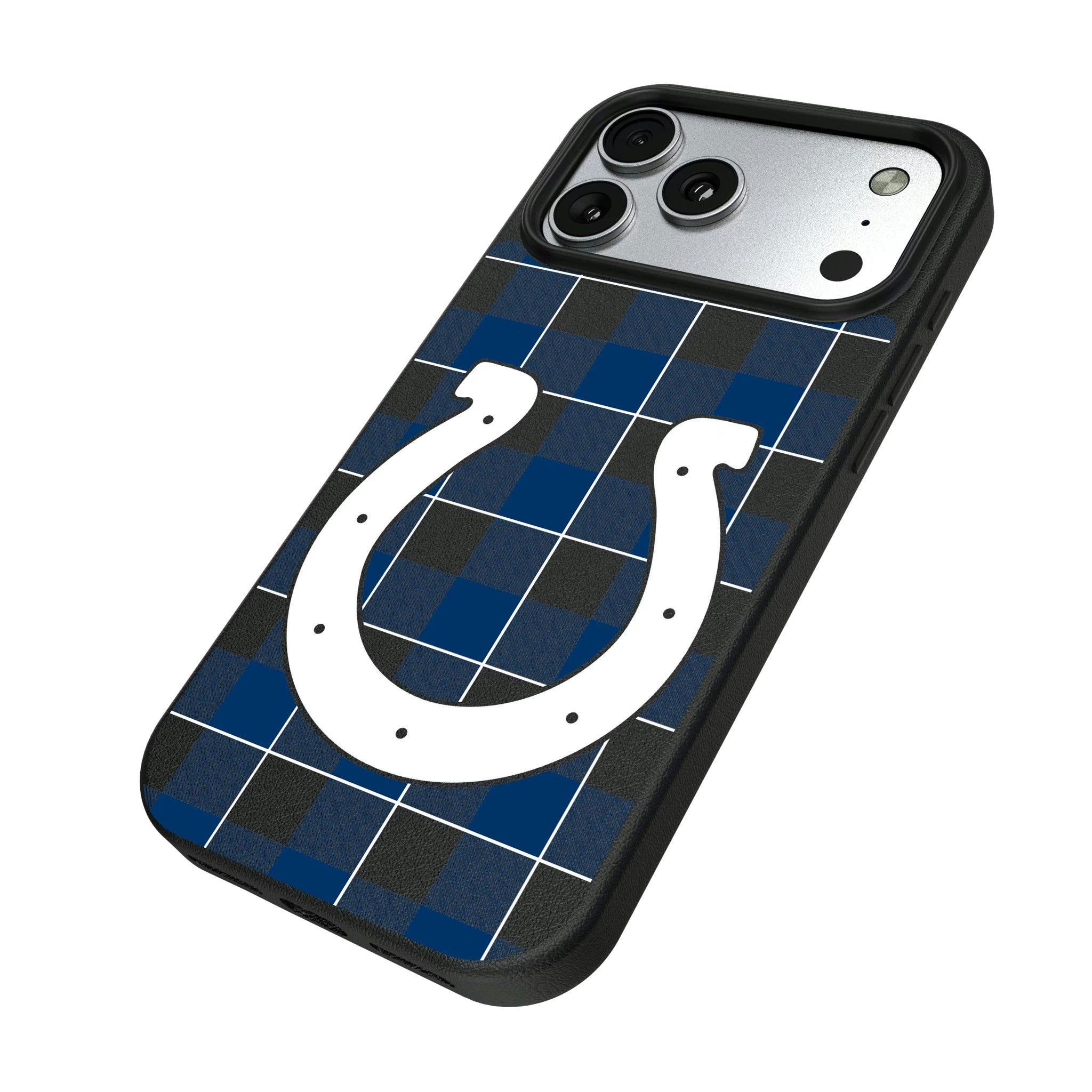 Indianapolis Colts Plaid iPhone MagSafe Compatible Phone Case for Apple iPhone - Isometric View#Device_iPhone 17 Pro Max