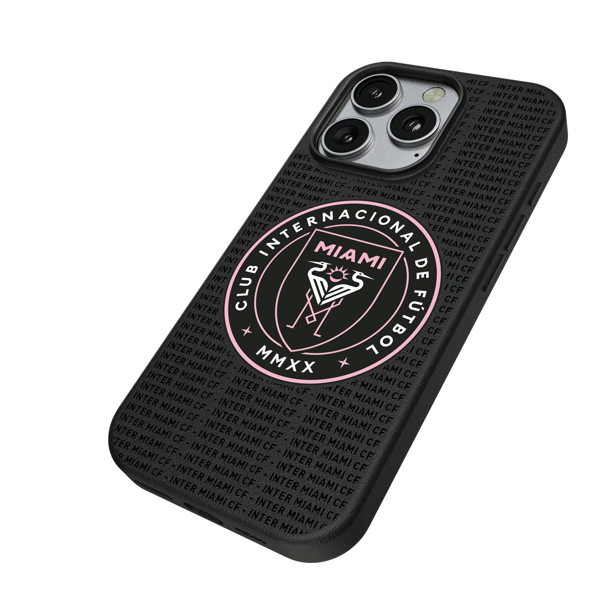 Inter Miami CF Text Backdrop iPhone MagSafe Compatible Phone Case for Apple iPhone - Isometric View