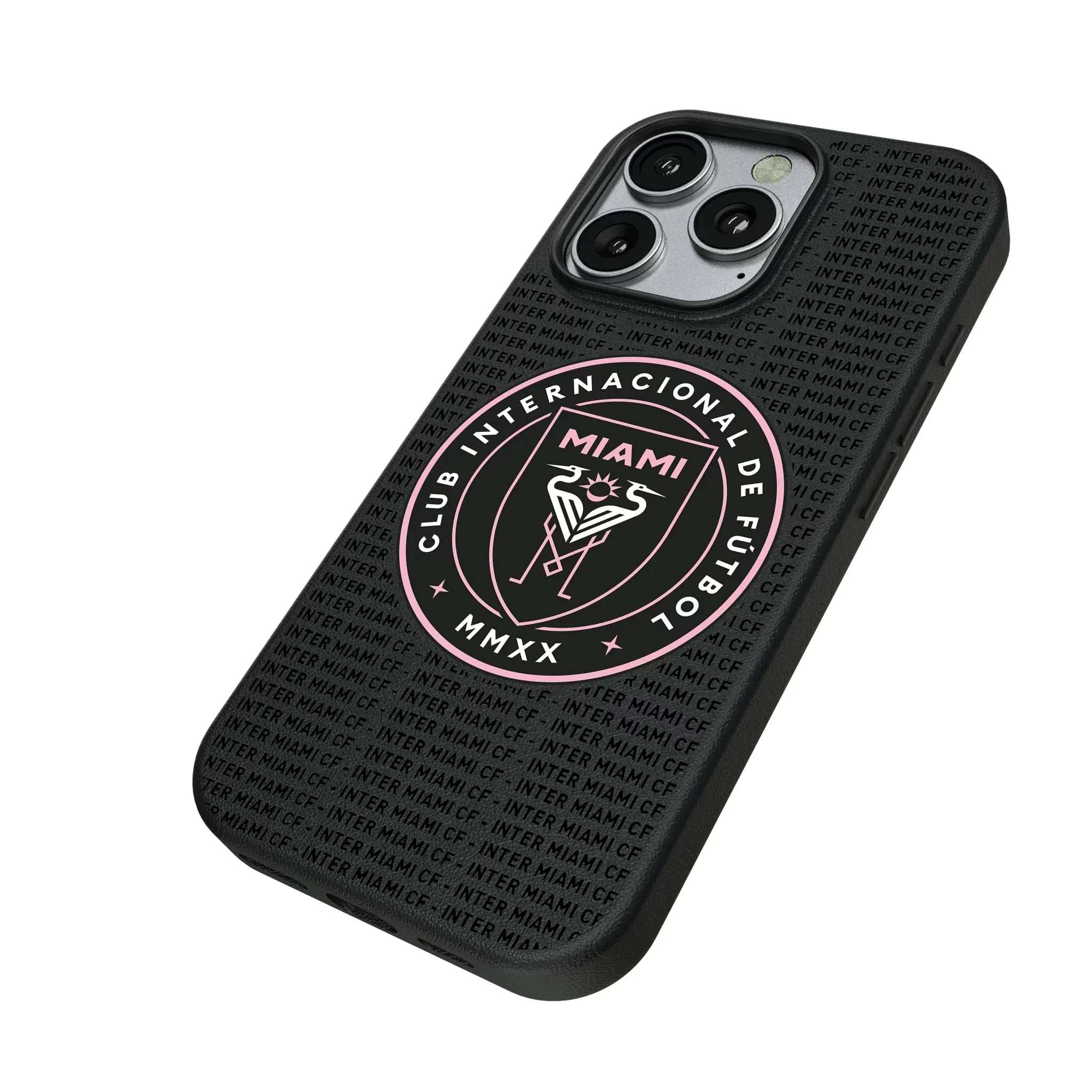 Inter Miami CF Text Backdrop iPhone MagSafe Compatible Phone Case for Apple iPhone - Isometric View