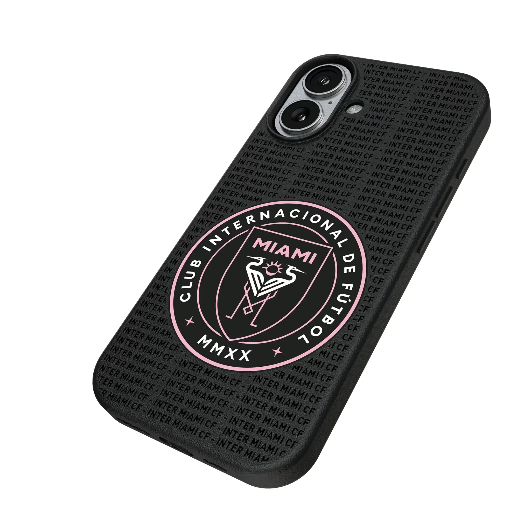 Inter Miami CF Text Backdrop iPhone MagSafe Compatible Phone Case for Apple iPhone - Isometric View#Device_iPhone 17