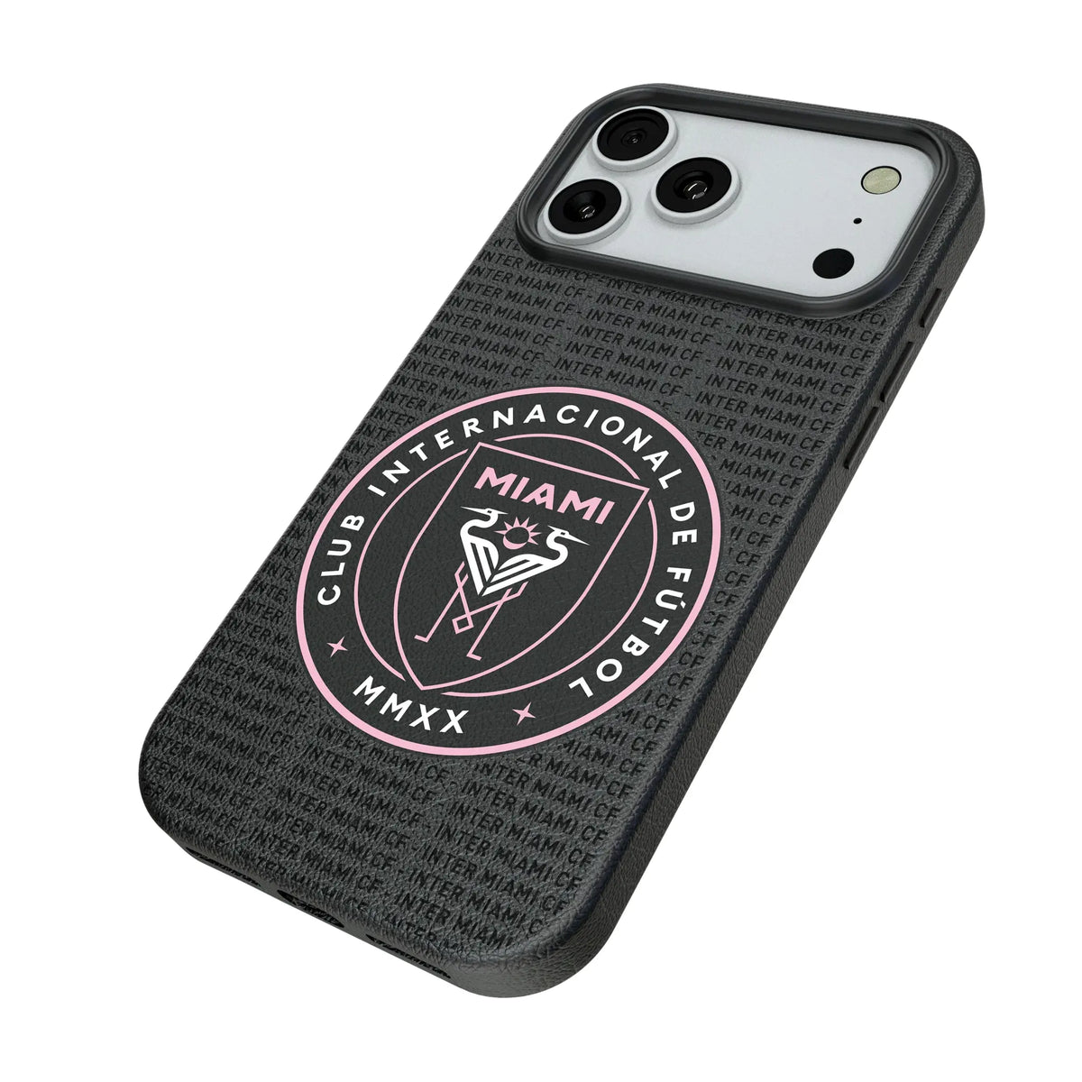 Inter Miami CF Text Backdrop iPhone MagSafe Compatible Phone Case for Apple iPhone - Isometric View#Device_iPhone 18 Pro Max