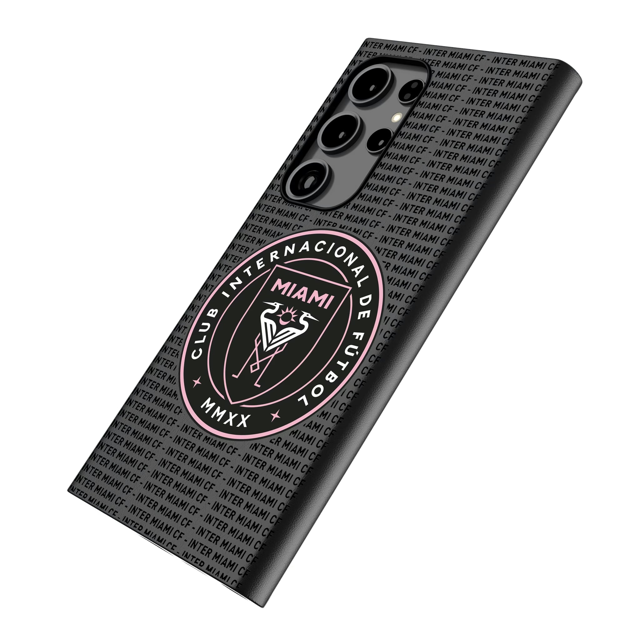 Inter Miami CF Text Backdrop Galaxy MagSafe Compatible Phone Case for Samsung Galaxy - Isometric View