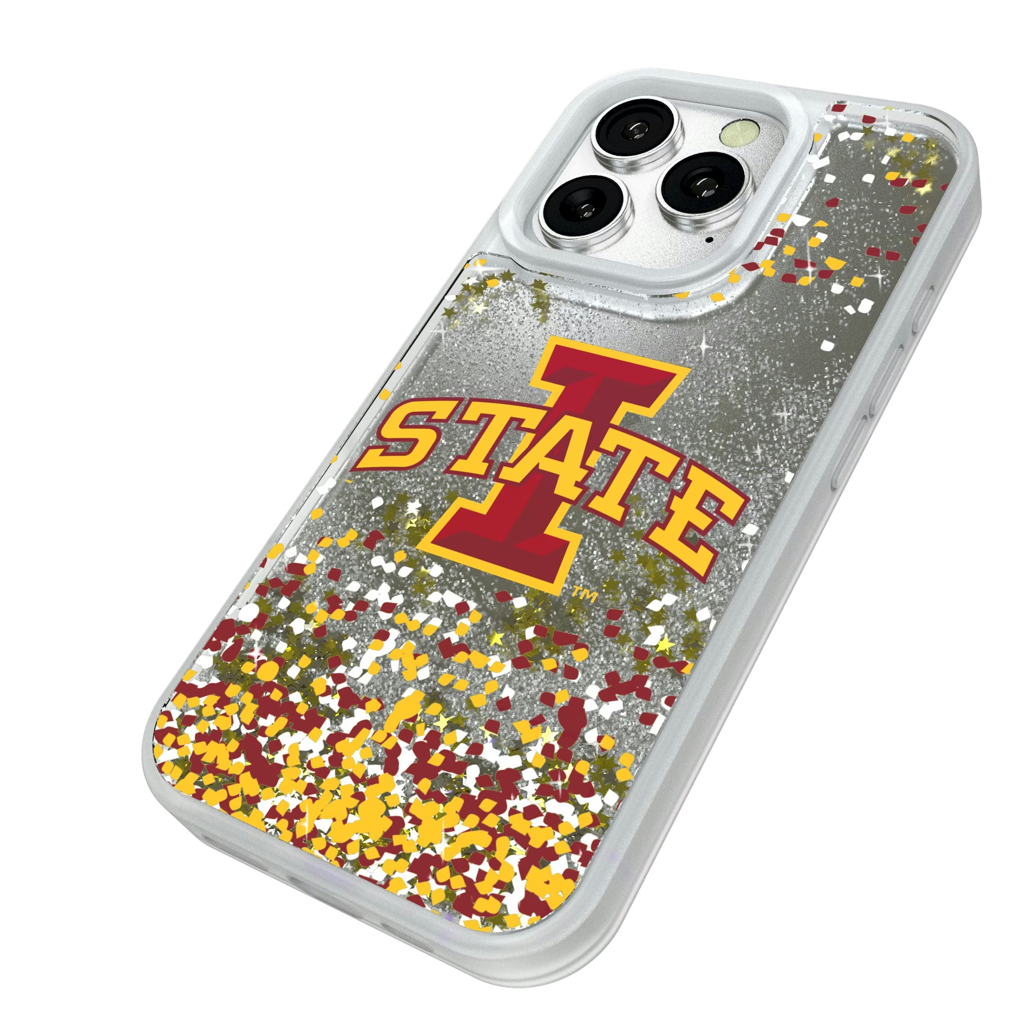 Iowa State University Cyclones Confetti iPhone Glitter Phone Case for Apple iPhone - Isometric View#Device_iPhone 16 Pro