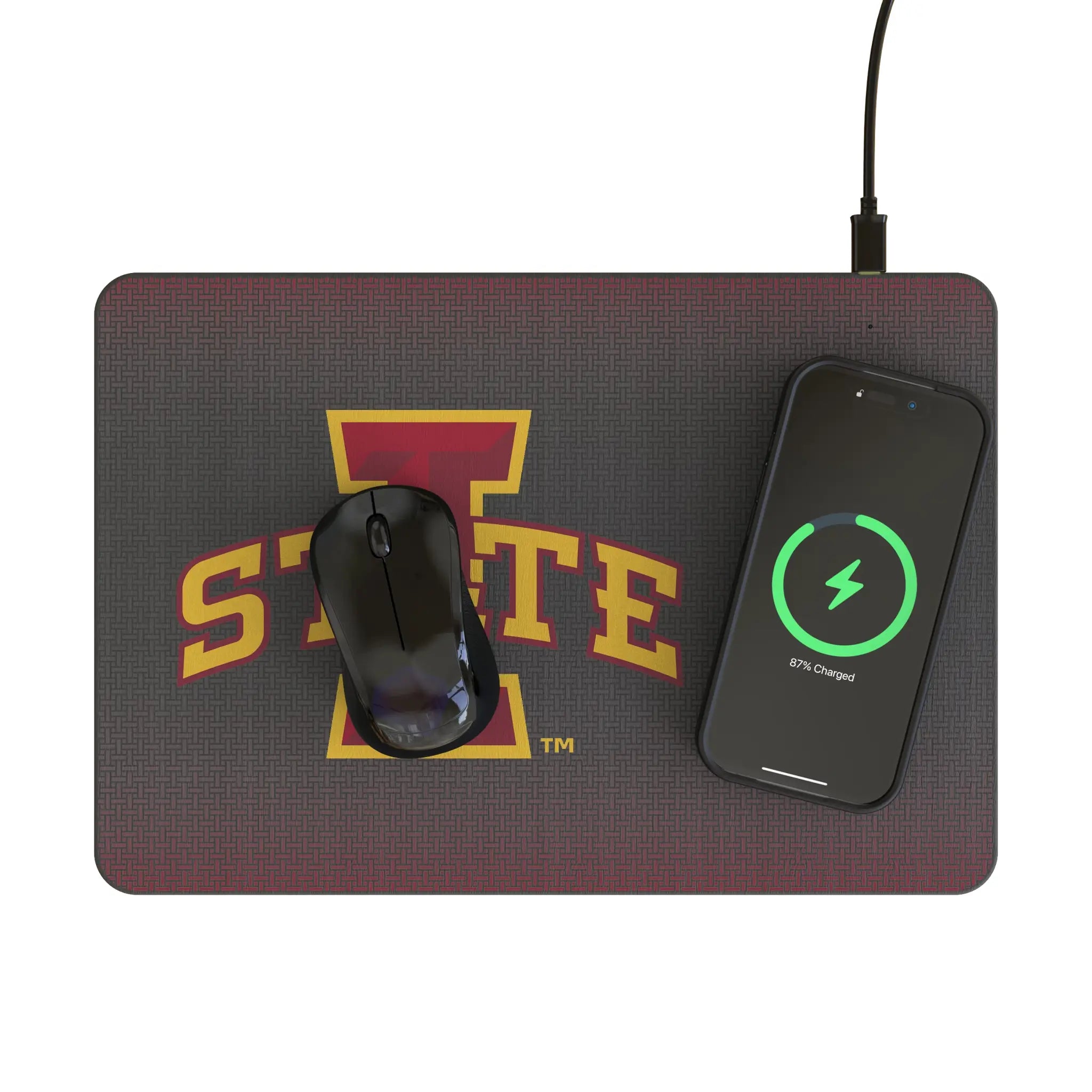 Iowa State University Cyclones Linen 15-Watt Wireless Charger and Mouse Pad - Lifestyle