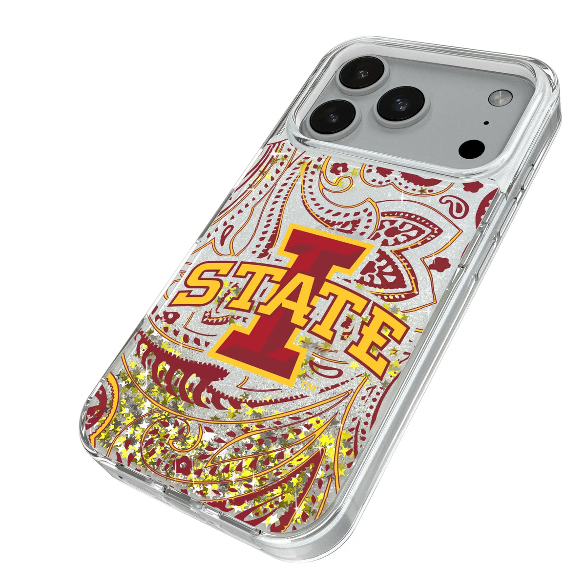 Iowa State University Cyclones Paisley iPhone Glitter Phone Case for Apple iPhone - Isometric View#Device_iPhone 18 Pro
