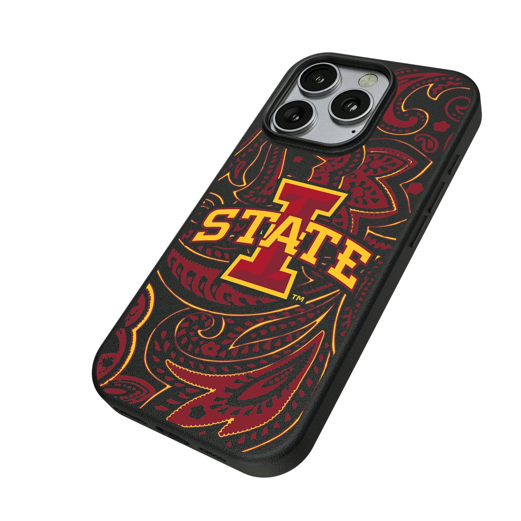 Iowa State University Cyclones Paisley iPhone MagSafe Compatible Phone Case for Apple iPhone - Isometric View