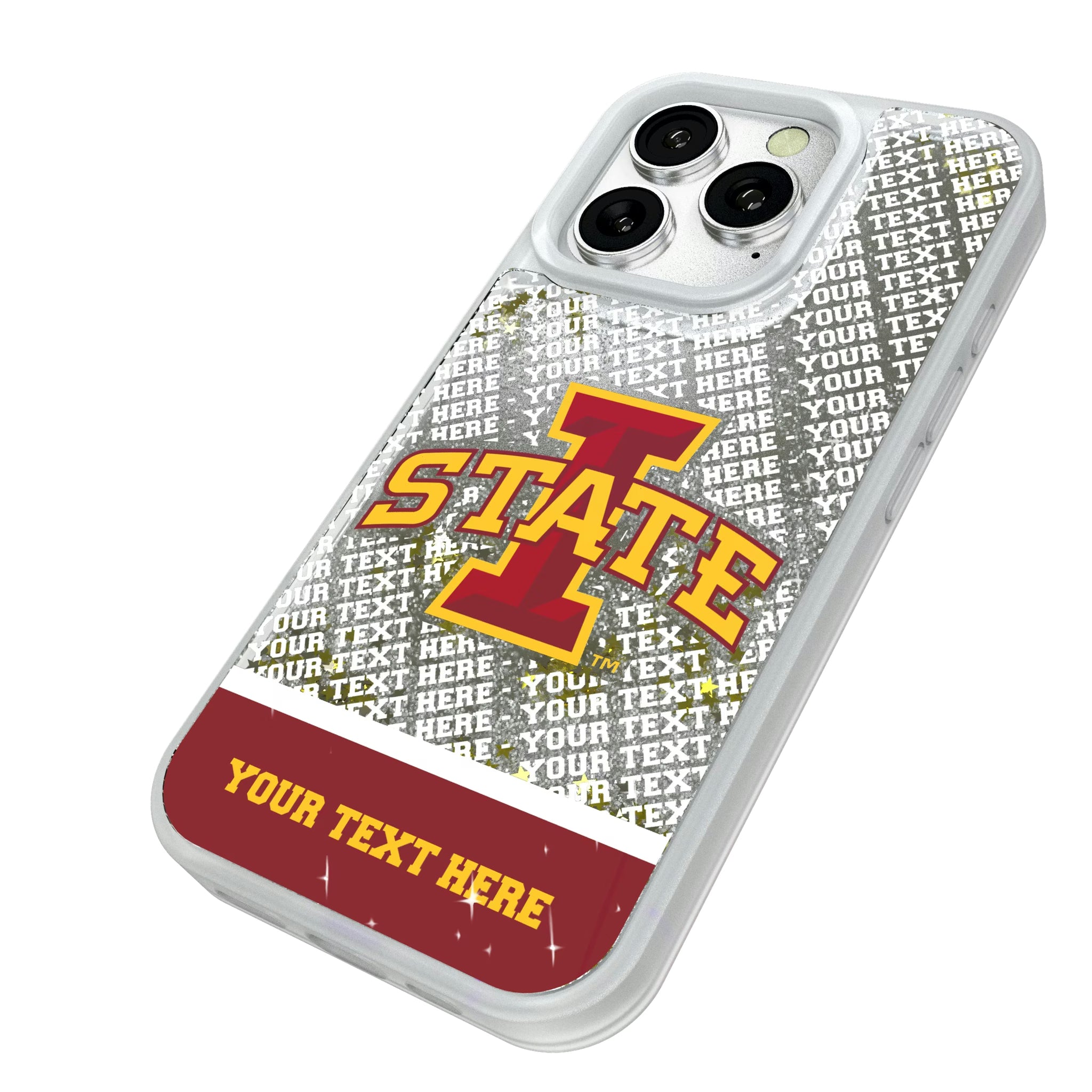 Iowa State University Cyclones Personalized EndZone Plus iPhone Glitter Phone Case for Apple iPhone - Isometric View#Device_iPhone 16 Pro