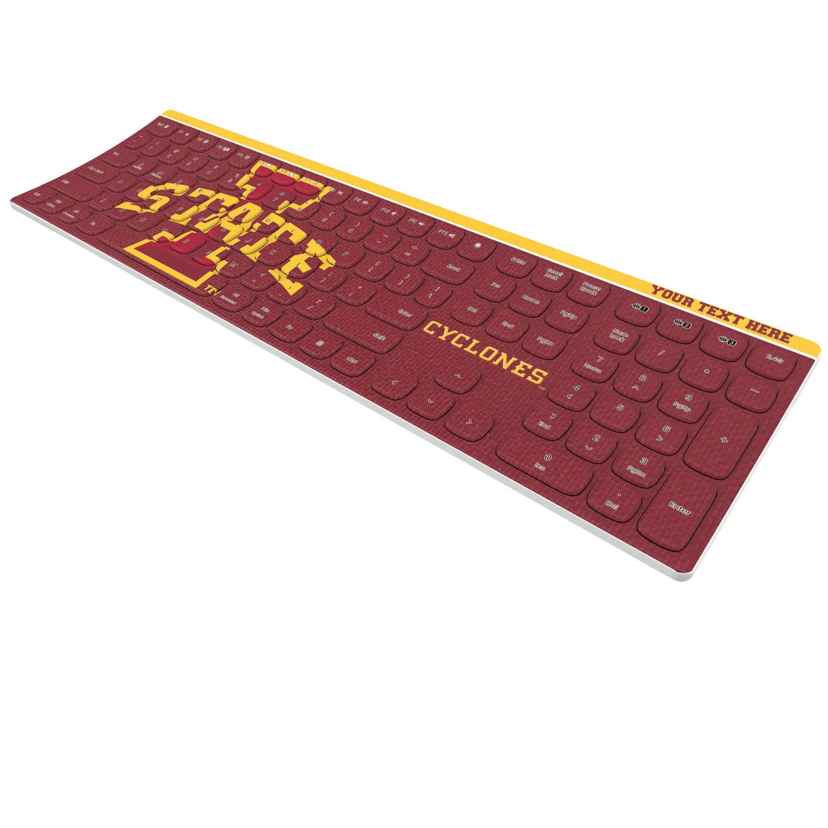 Iowa State University Cyclones Personalized Endzone Solid KKB605 Curved Wireless Keyboard - Isometric View