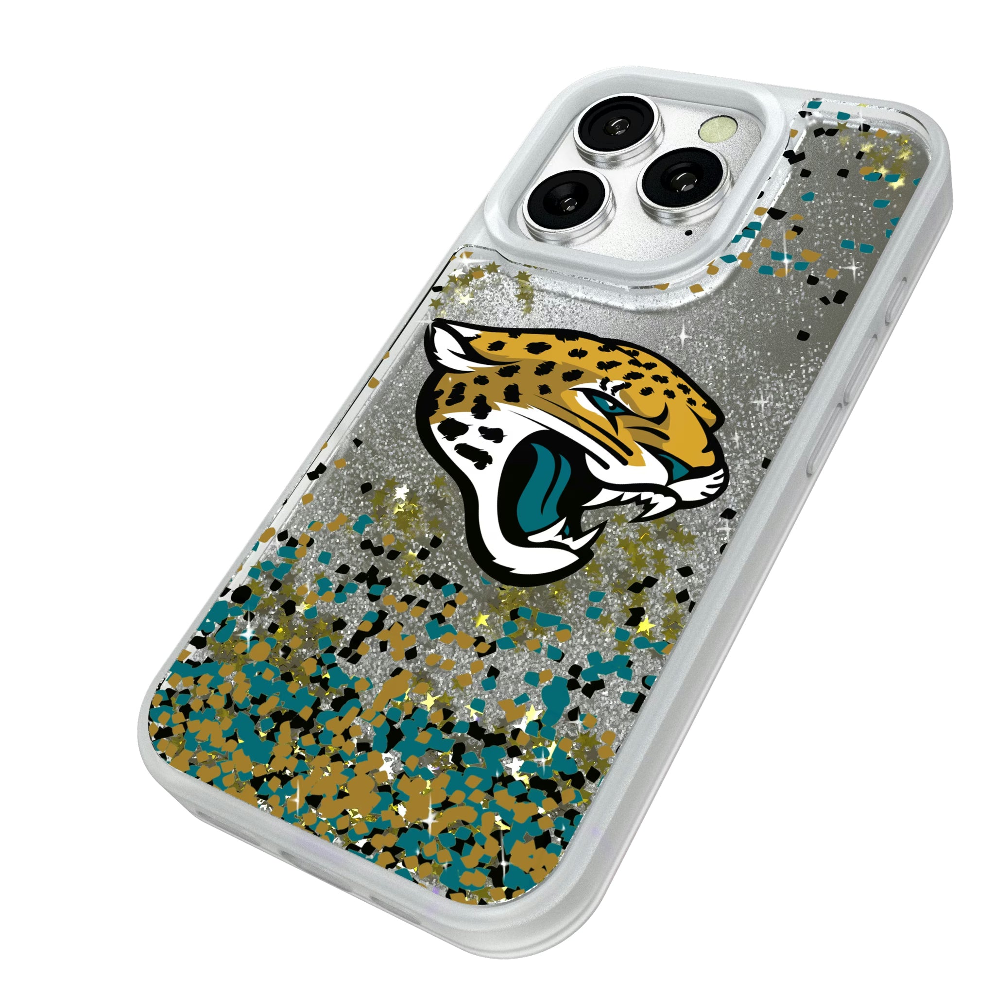 Jacksonville Jaguars Confetti iPhone Glitter Phone Case for Apple iPhone - Isometric View#Device_iPhone 16 Pro