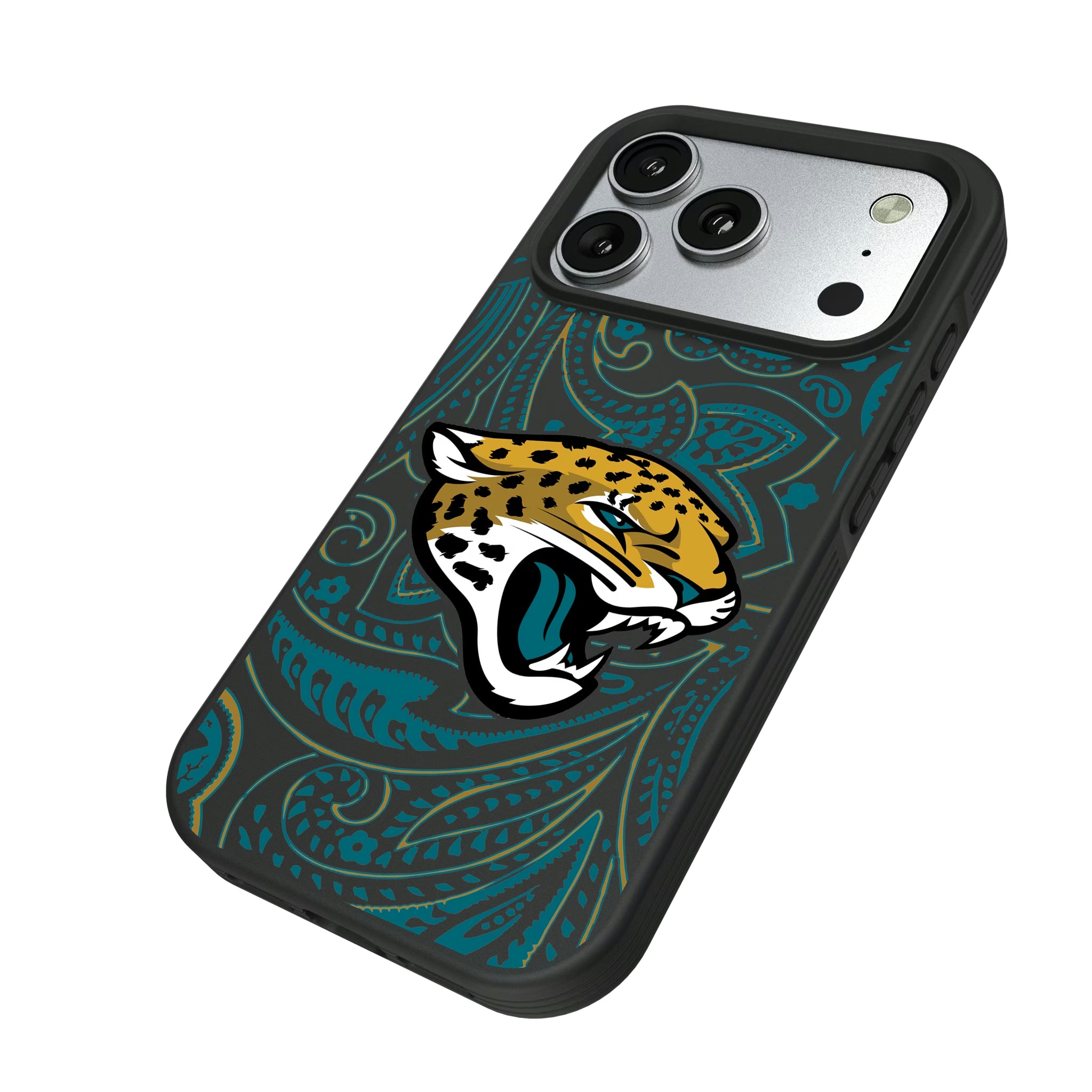 Jacksonville Jaguars Paisley iPhone Bump Phone Case for Apple iPhone - Isometric View#Device_iPhone 17 Pro