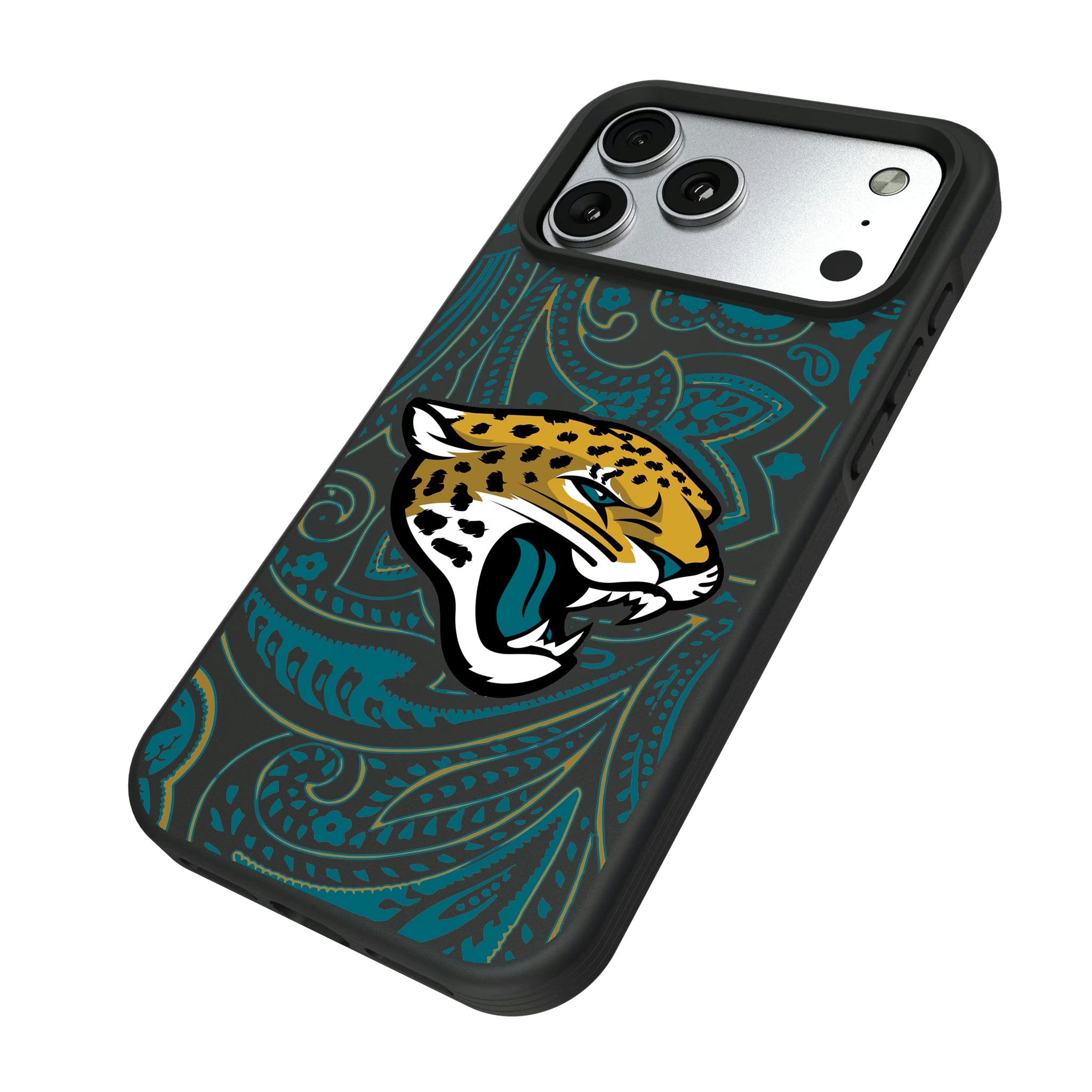 Jacksonville Jaguars Paisley iPhone Bump Phone Case for Apple iPhone - Isometric View#Device_iPhone 17 Pro Max