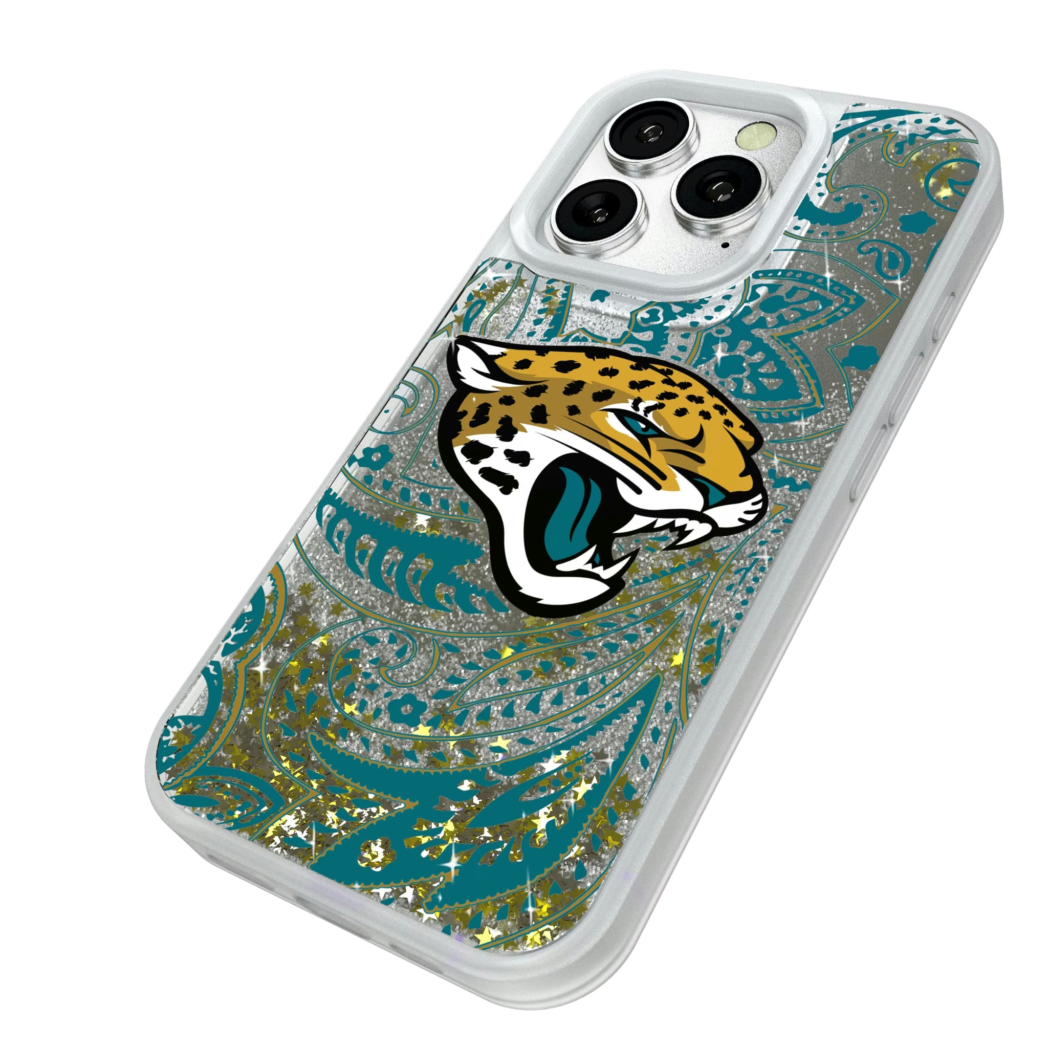 Jacksonville Jaguars Paisley iPhone Glitter Phone Case for Apple iPhone - Isometric View#Device_iPhone 16 Pro
