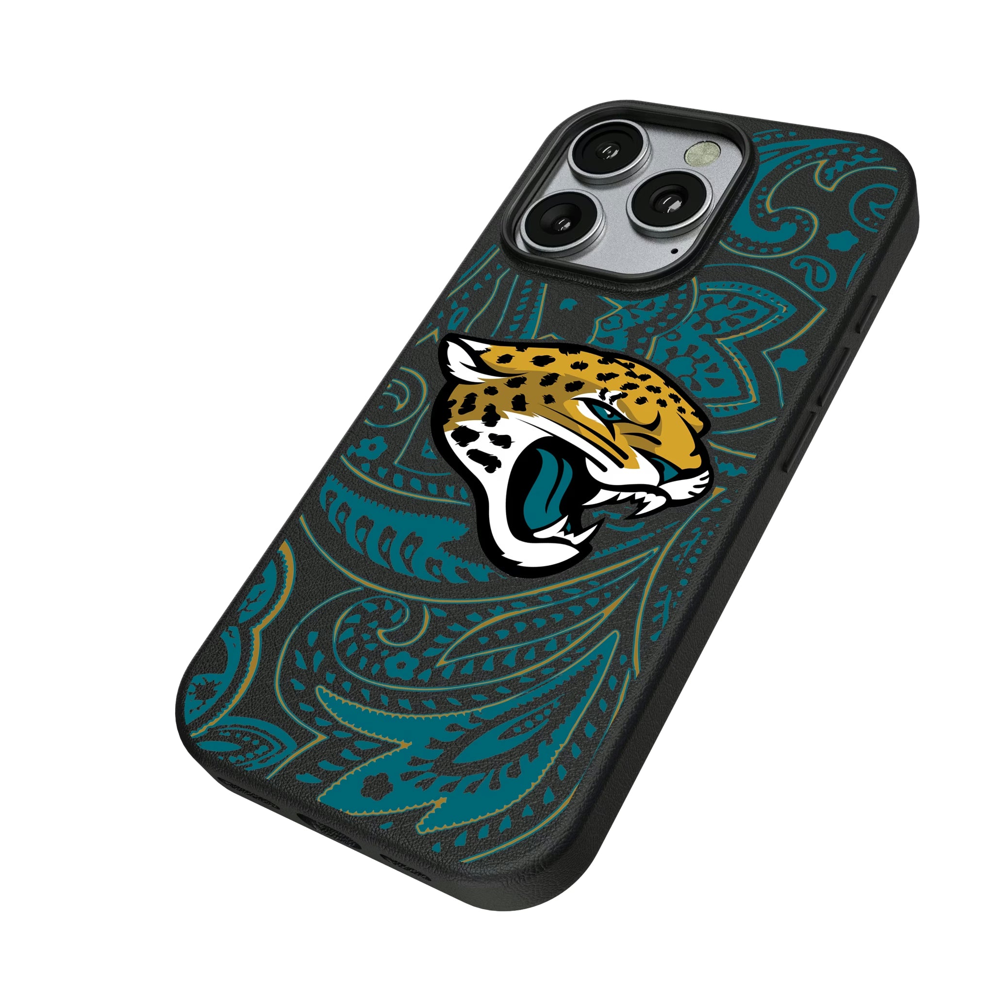 Jacksonville Jaguars Paisley iPhone MagSafe Compatible Phone Case for Apple iPhone - Isometric View