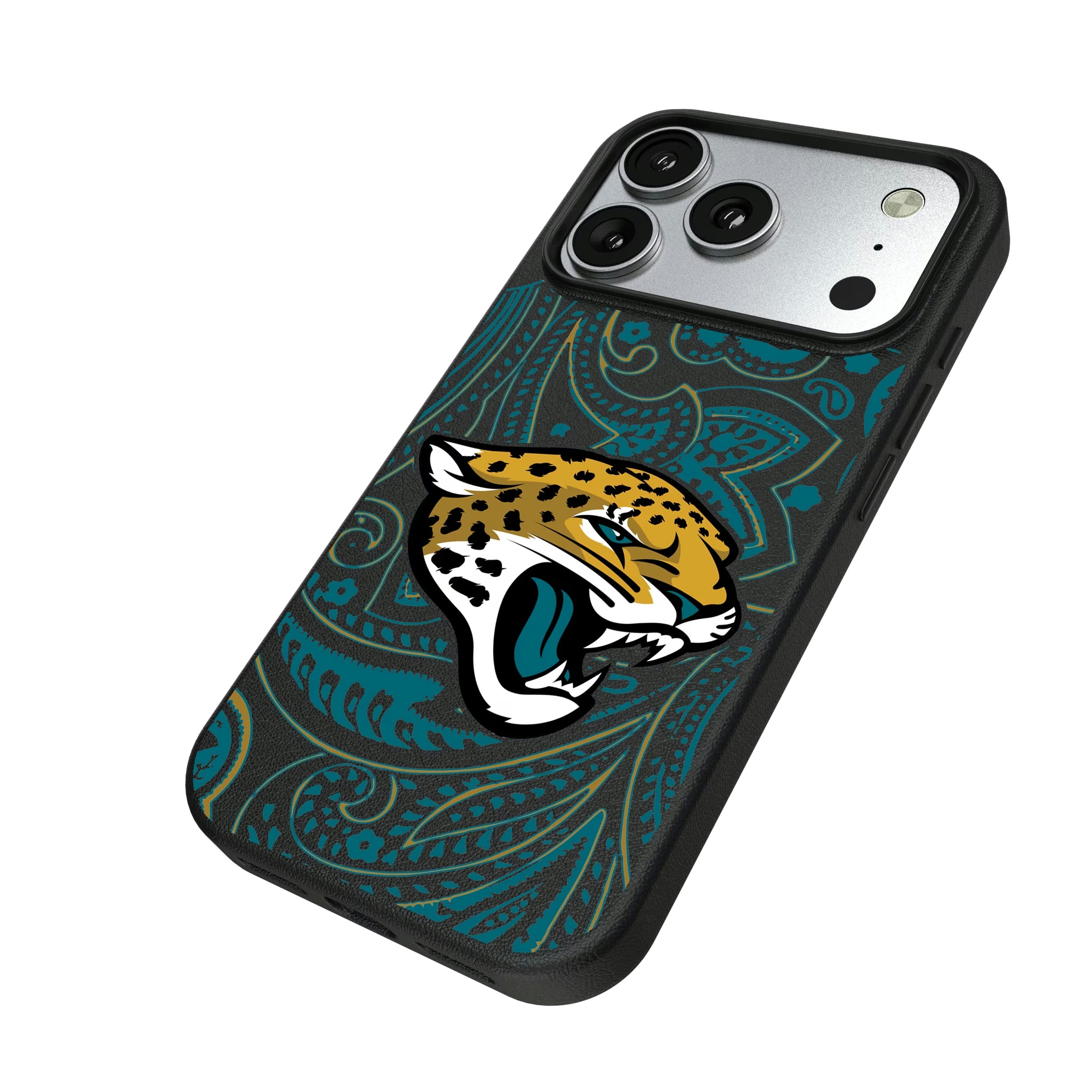 Jacksonville Jaguars Paisley iPhone MagSafe Compatible Phone Case for Apple iPhone - Isometric View#Device_iPhone 17 Pro