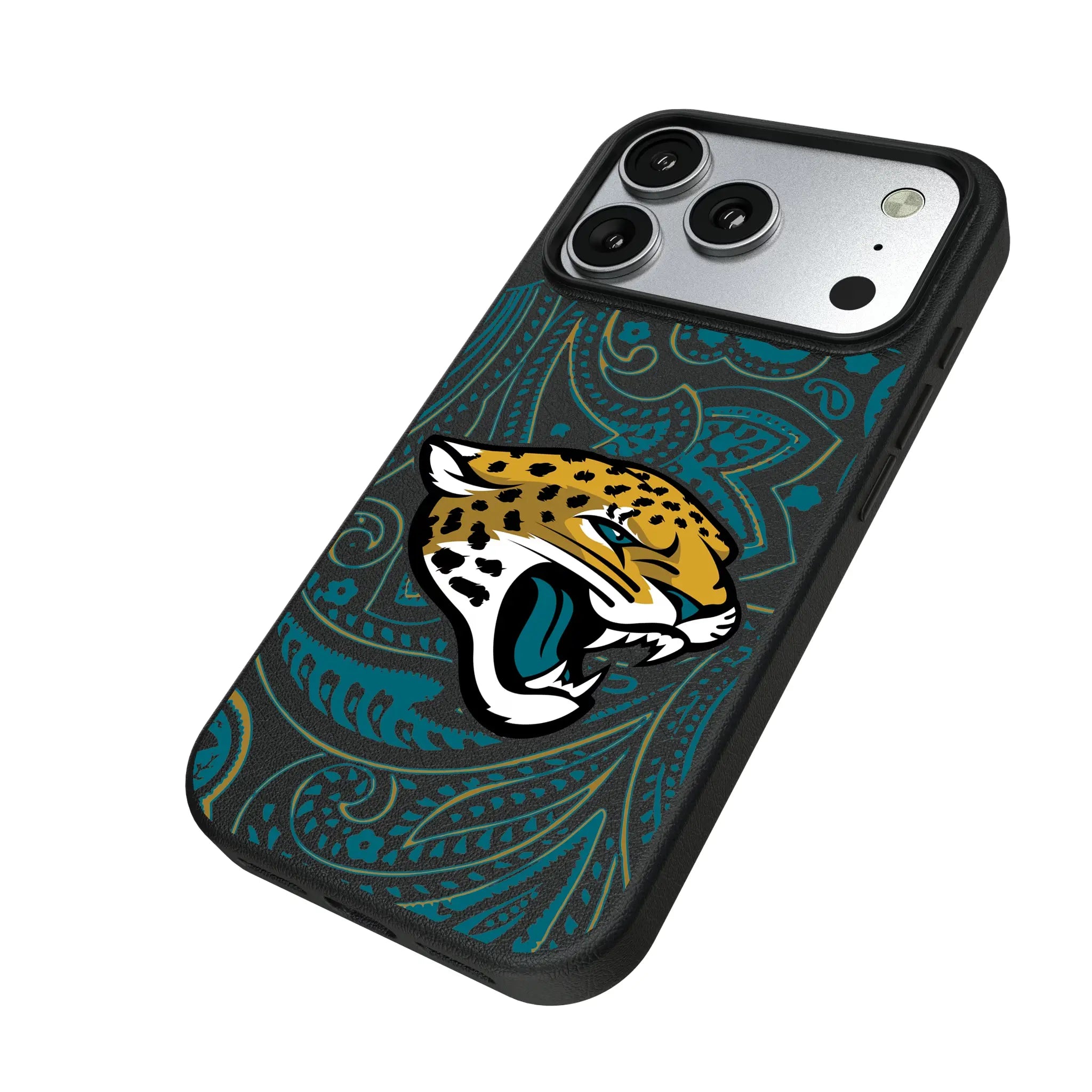 Jacksonville Jaguars Paisley iPhone MagSafe Compatible Phone Case for Apple iPhone - Isometric View#Device_iPhone 17 Pro