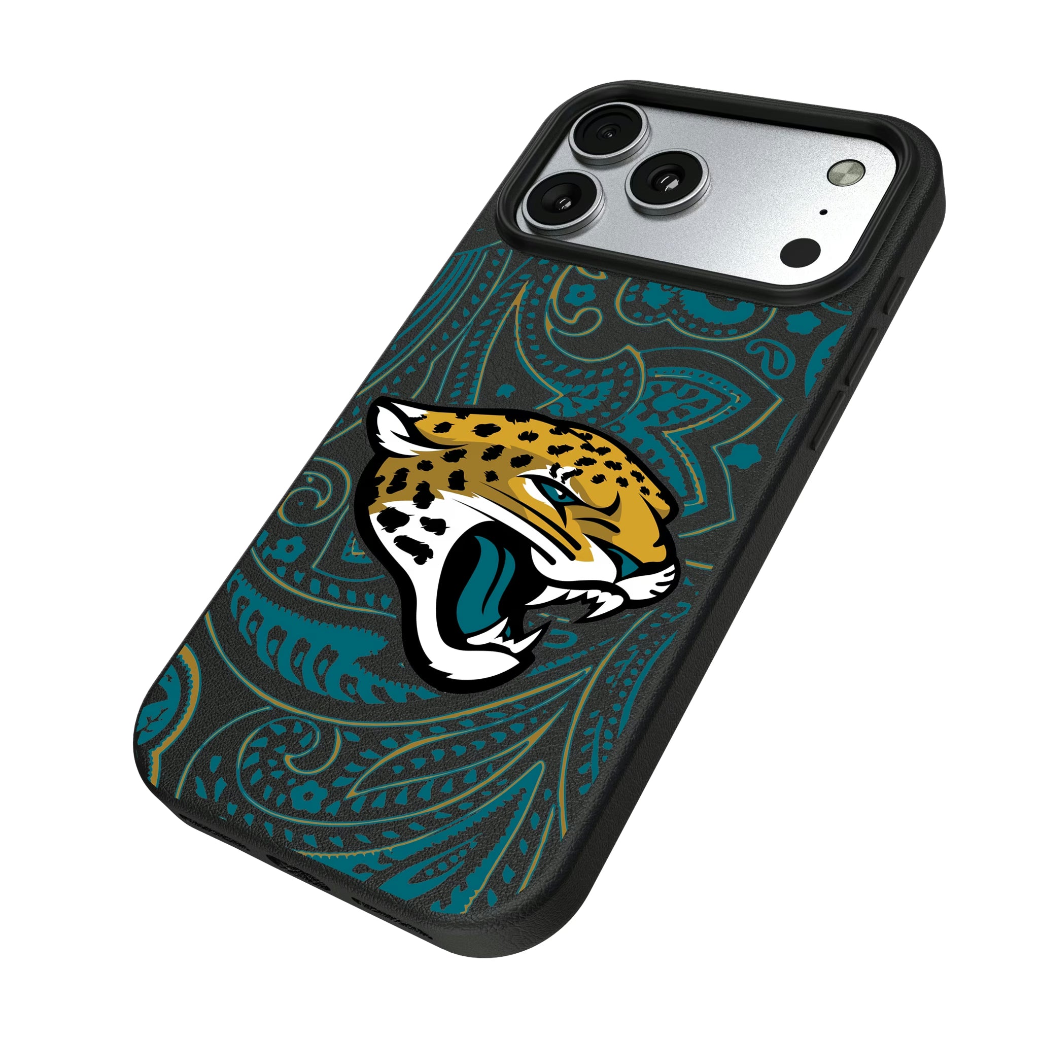 Jacksonville Jaguars Paisley iPhone MagSafe Compatible Phone Case for Apple iPhone - Isometric View#Device_iPhone 17 Pro Max
