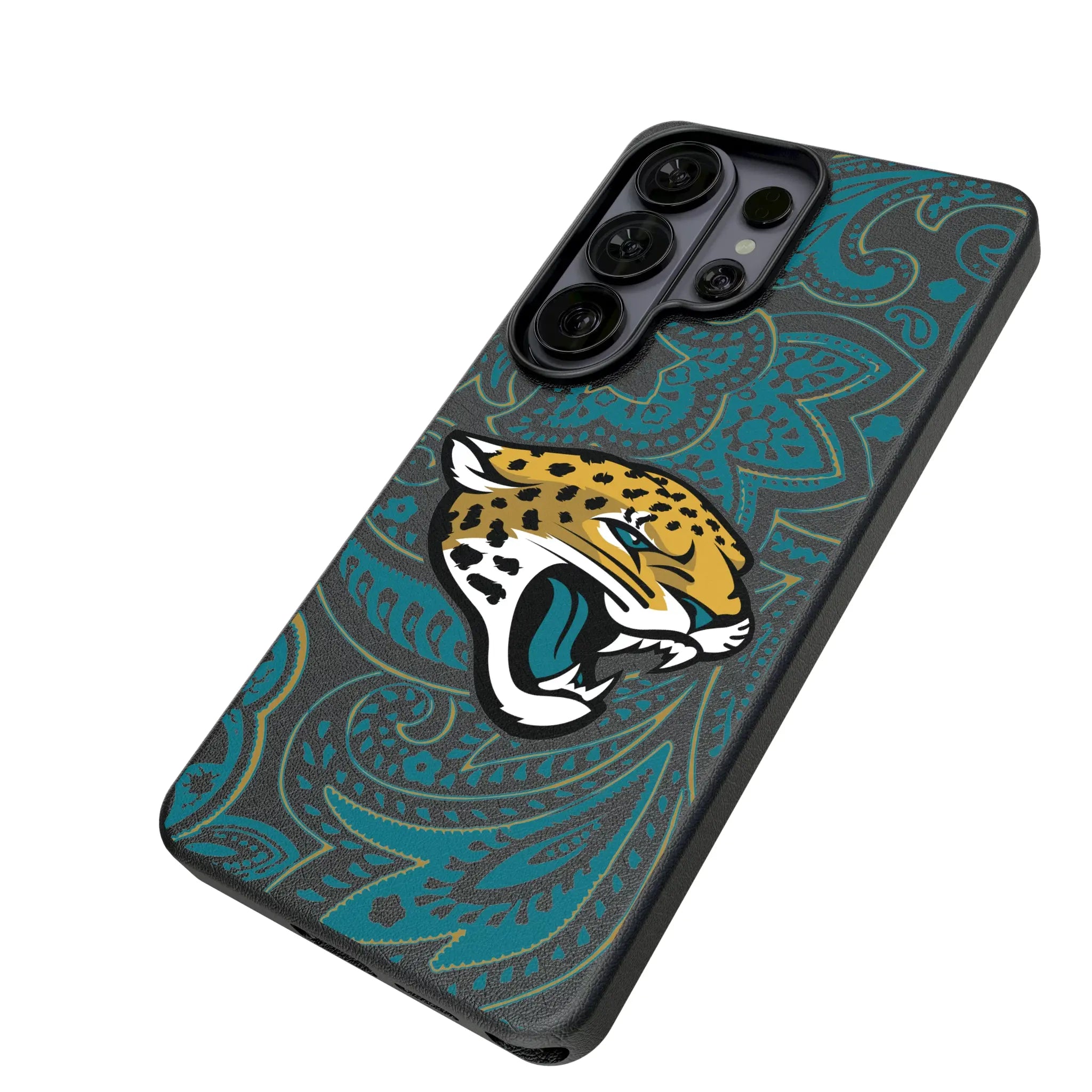 Jacksonville Jaguars Paisley Galaxy MagSafe Compatible Phone Case for Samsung Galaxy - Isometric View#Device_Galaxy S26 Ultra