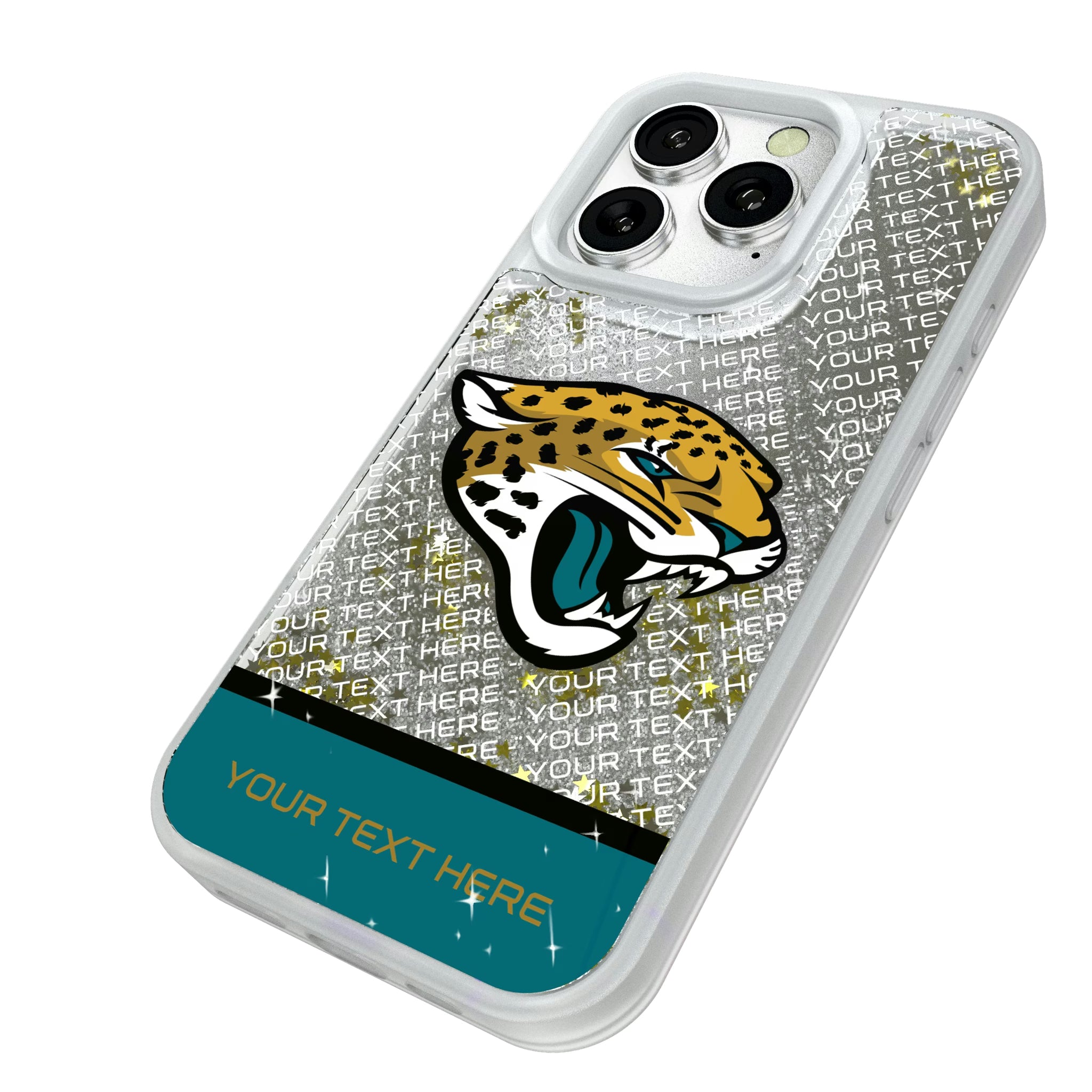 Jacksonville Jaguars Personalized EndZone Plus iPhone Glitter Phone Case for Apple iPhone - Isometric View#Device_iPhone 16 Pro