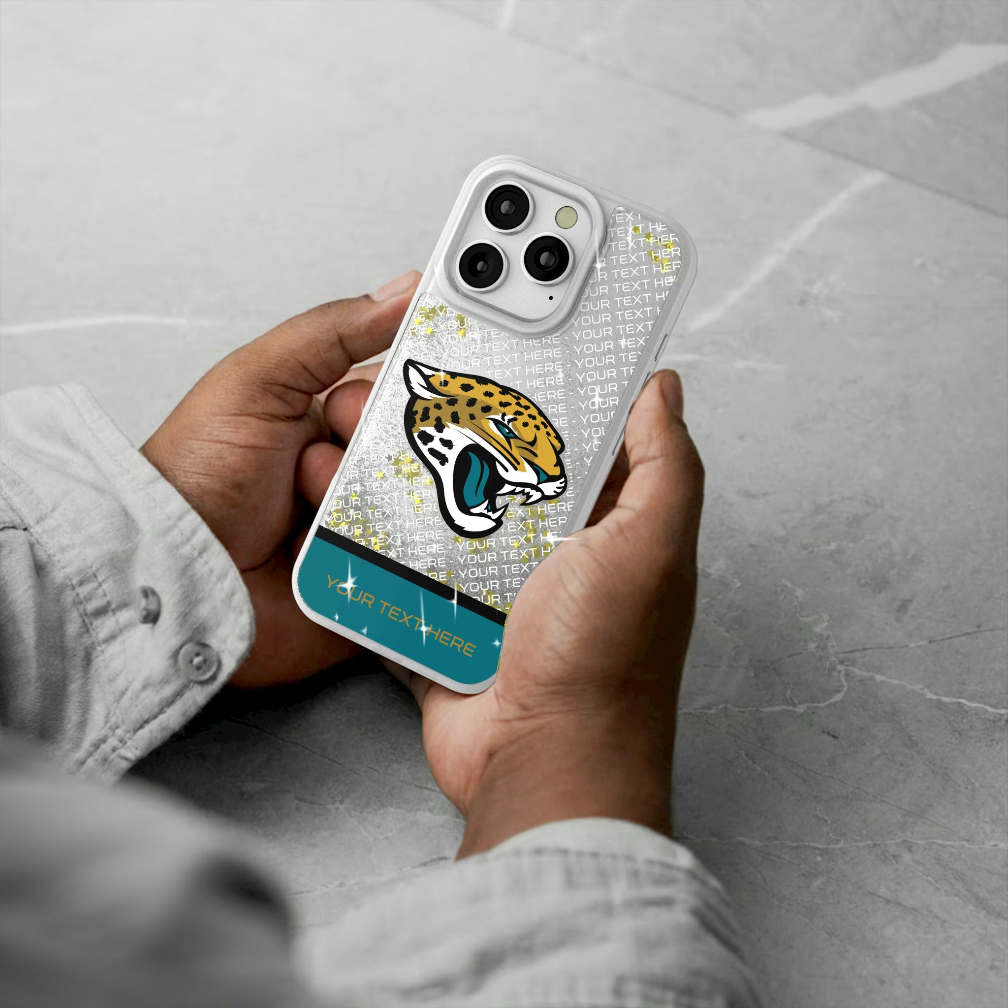 Jacksonville Jaguars Personalized EndZone Plus iPhone Glitter Phone Case for Apple iPhone - Lifestyle#Device_iPhone 16 Pro