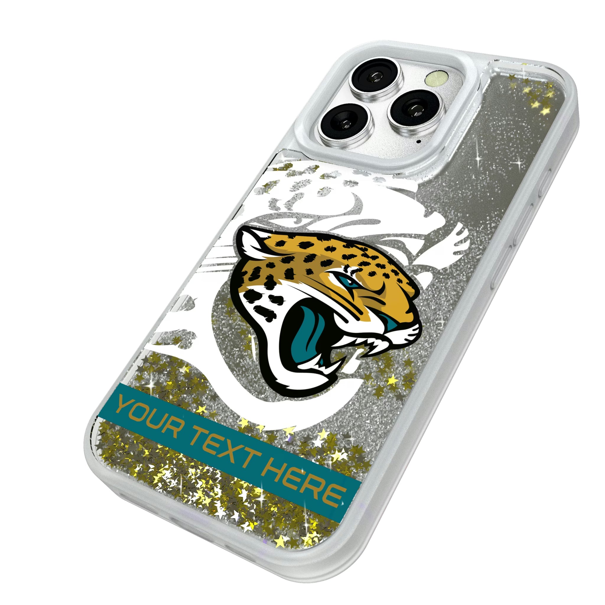 Jacksonville Jaguars Personalized Tilt iPhone Glitter Phone Case for Apple iPhone - Isometric View#Device_iPhone 16 Pro