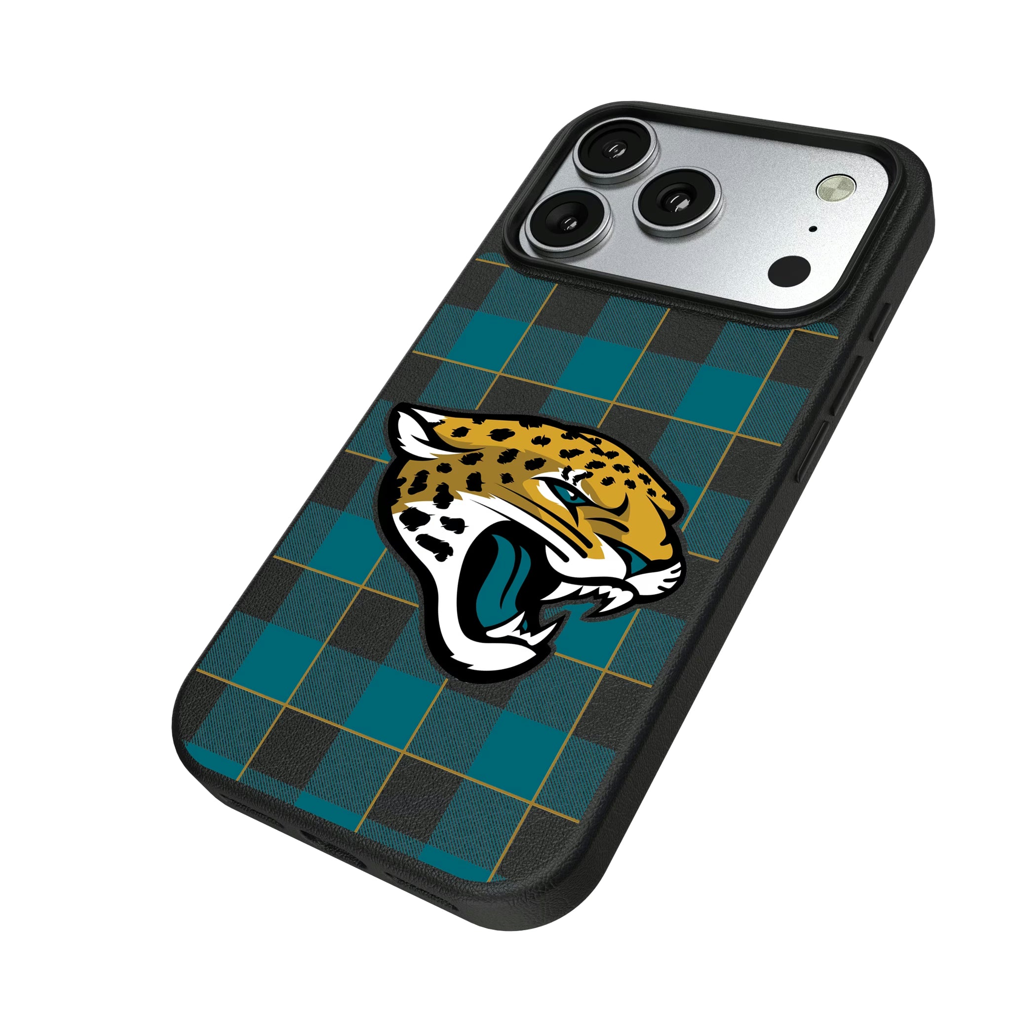 Jacksonville Jaguars Plaid iPhone MagSafe Compatible Phone Case for Apple iPhone - Isometric View#Device_iPhone 17 Pro