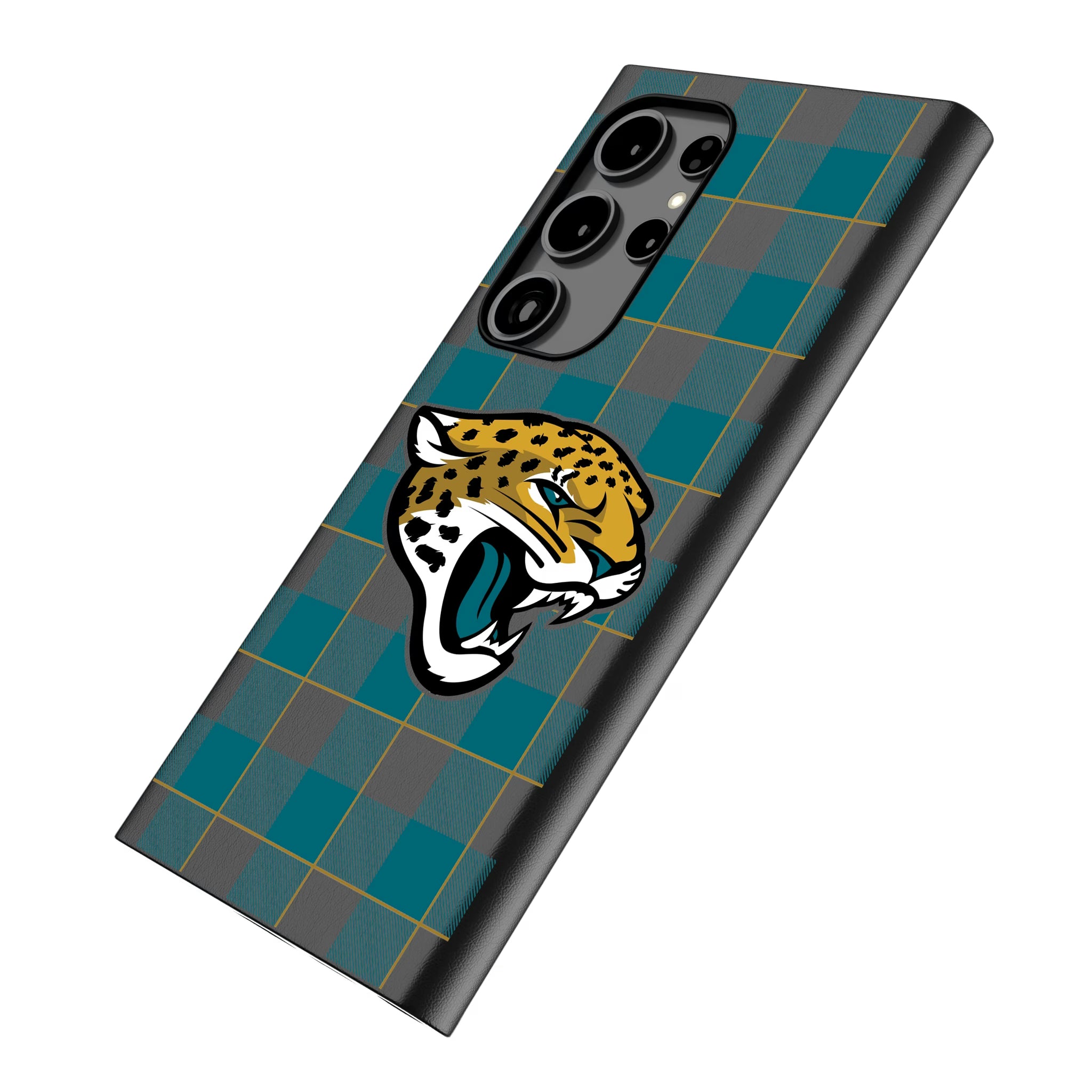 Jacksonville Jaguars Plaid Galaxy MagSafe Compatible Phone Case for Samsung Galaxy - Isometric View