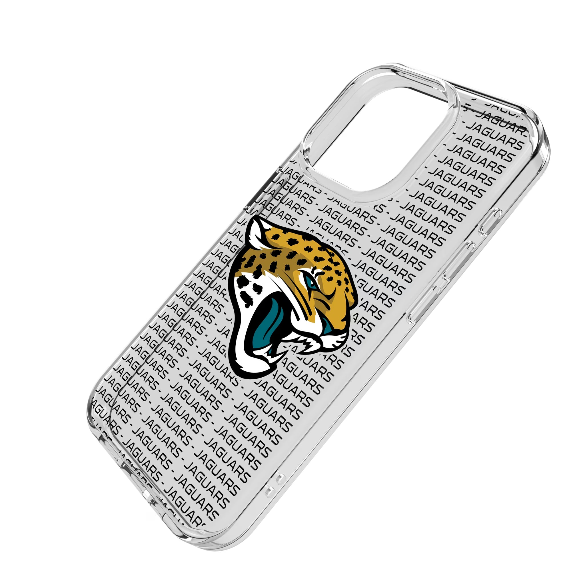 Jacksonville Jaguars Text Backdrop iPhone Clear Phone Case for Apple iPhone - Isometric View