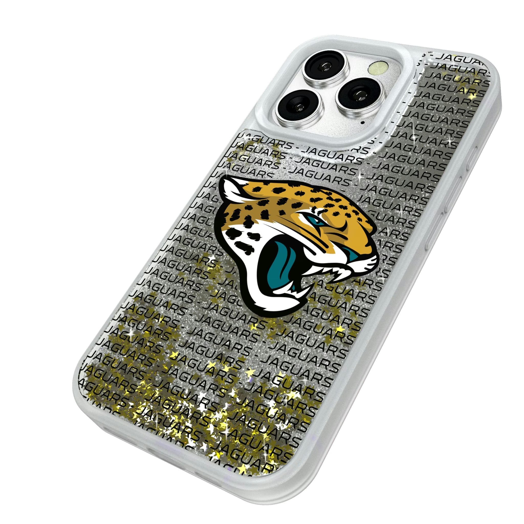 Jacksonville Jaguars Text Backdrop iPhone Glitter Phone Case for Apple iPhone - Isometric View#Device_iPhone 16 Pro