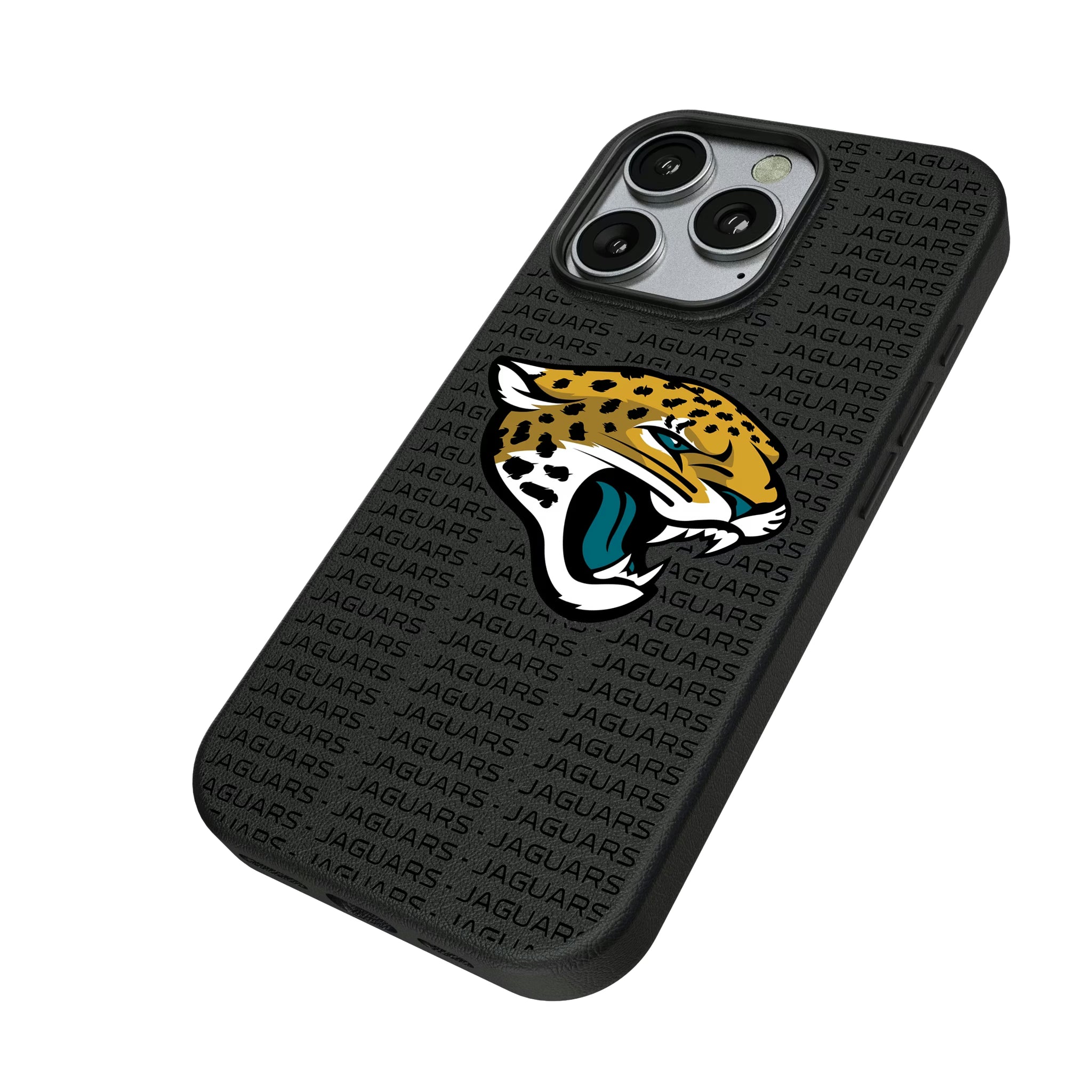 Jacksonville Jaguars Text Backdrop iPhone MagSafe Compatible Phone Case for Apple iPhone - Isometric View