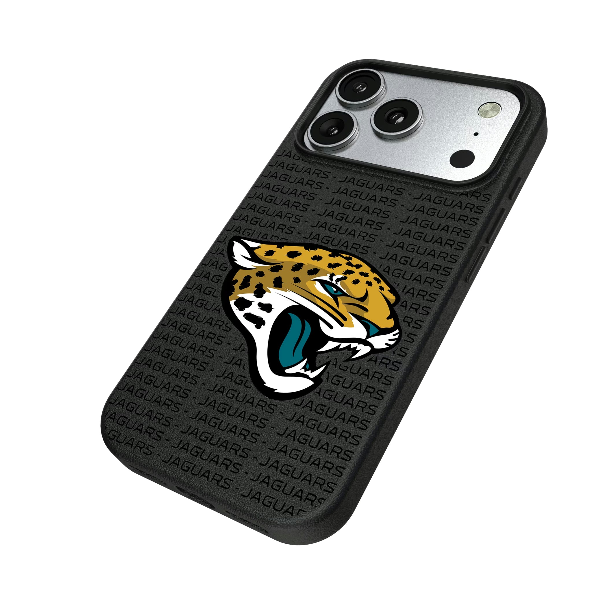 Jacksonville Jaguars Text Backdrop iPhone MagSafe Compatible Phone Case for Apple iPhone - Isometric View#Device_iPhone 17 Pro