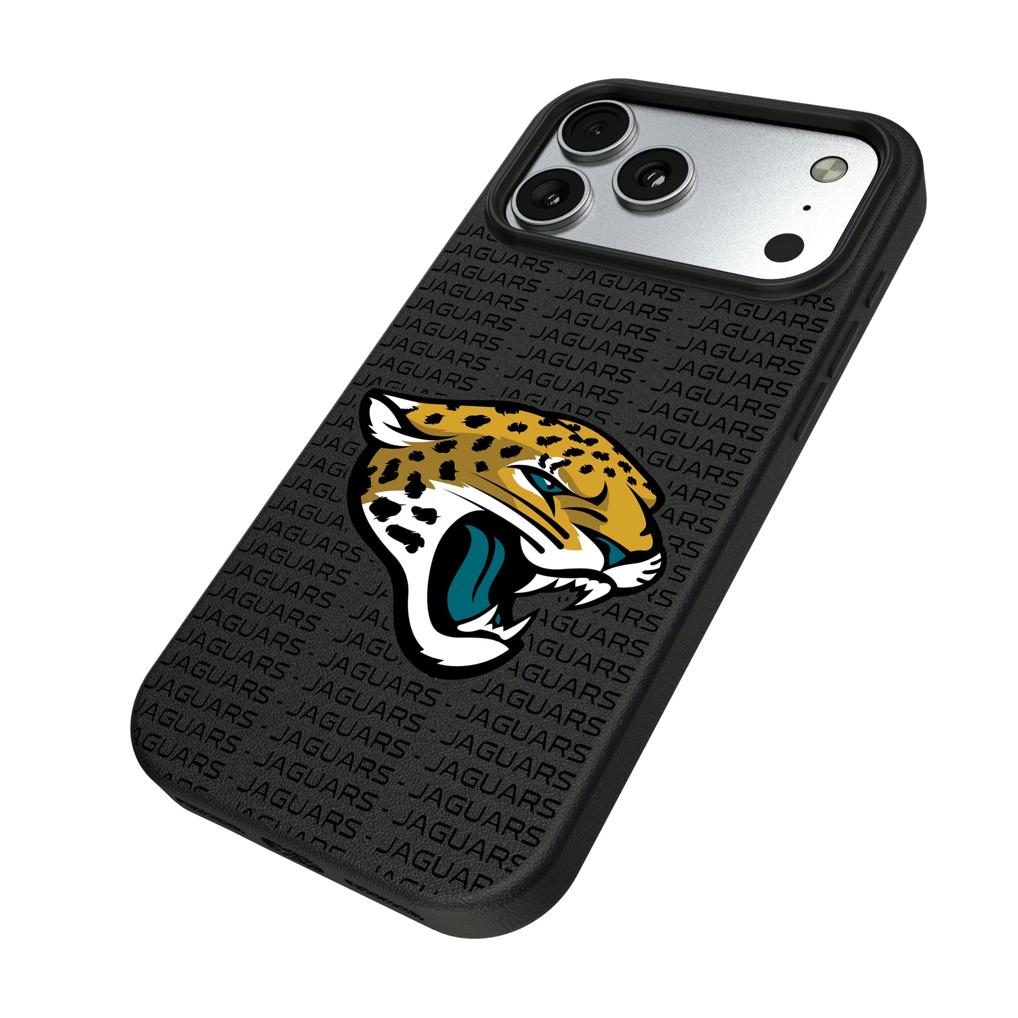 Jacksonville Jaguars Text Backdrop iPhone MagSafe Compatible Phone Case for Apple iPhone - Isometric View#Device_iPhone 17 Pro Max