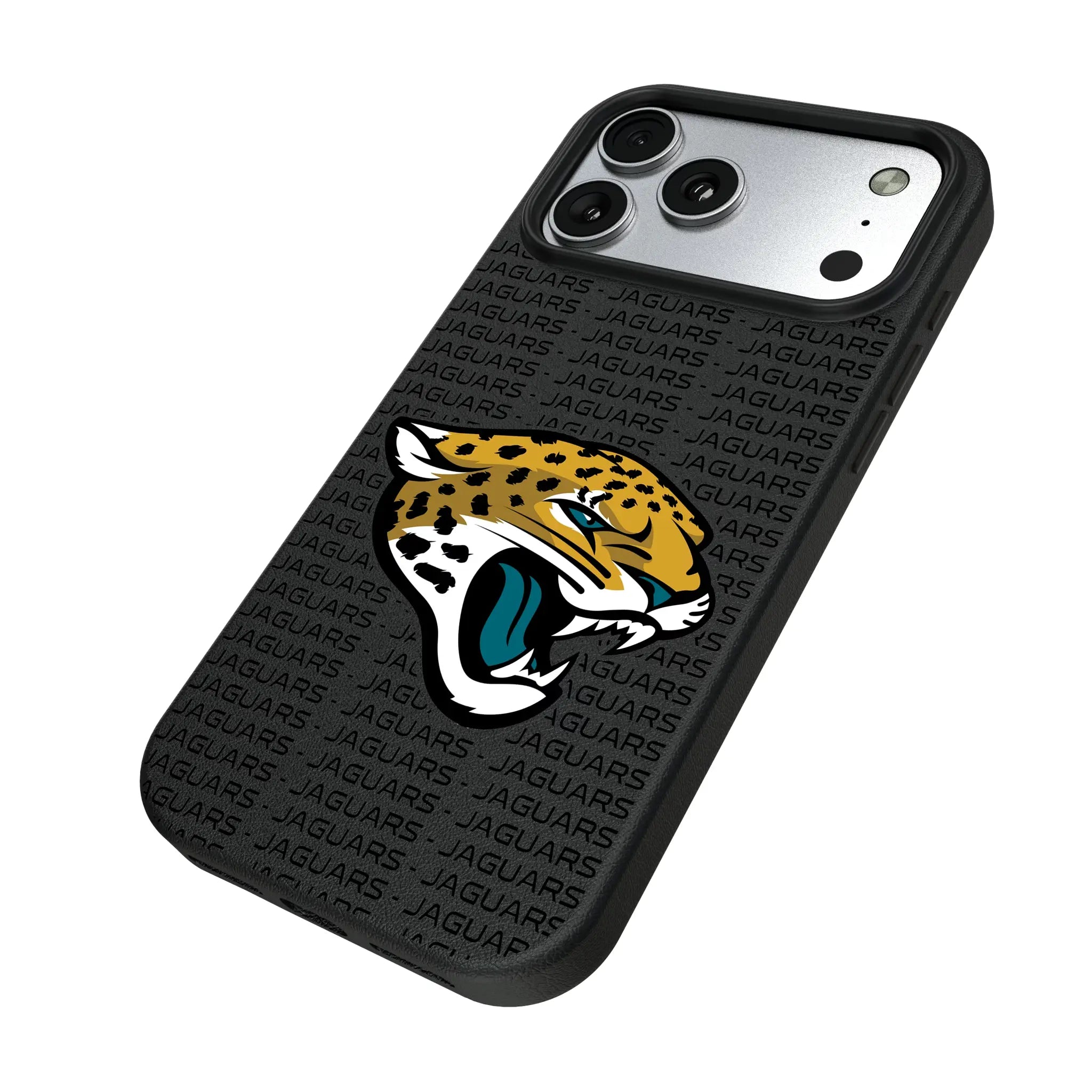 Jacksonville Jaguars Text Backdrop iPhone MagSafe Compatible Phone Case for Apple iPhone - Isometric View#Device_iPhone 17 Pro Max