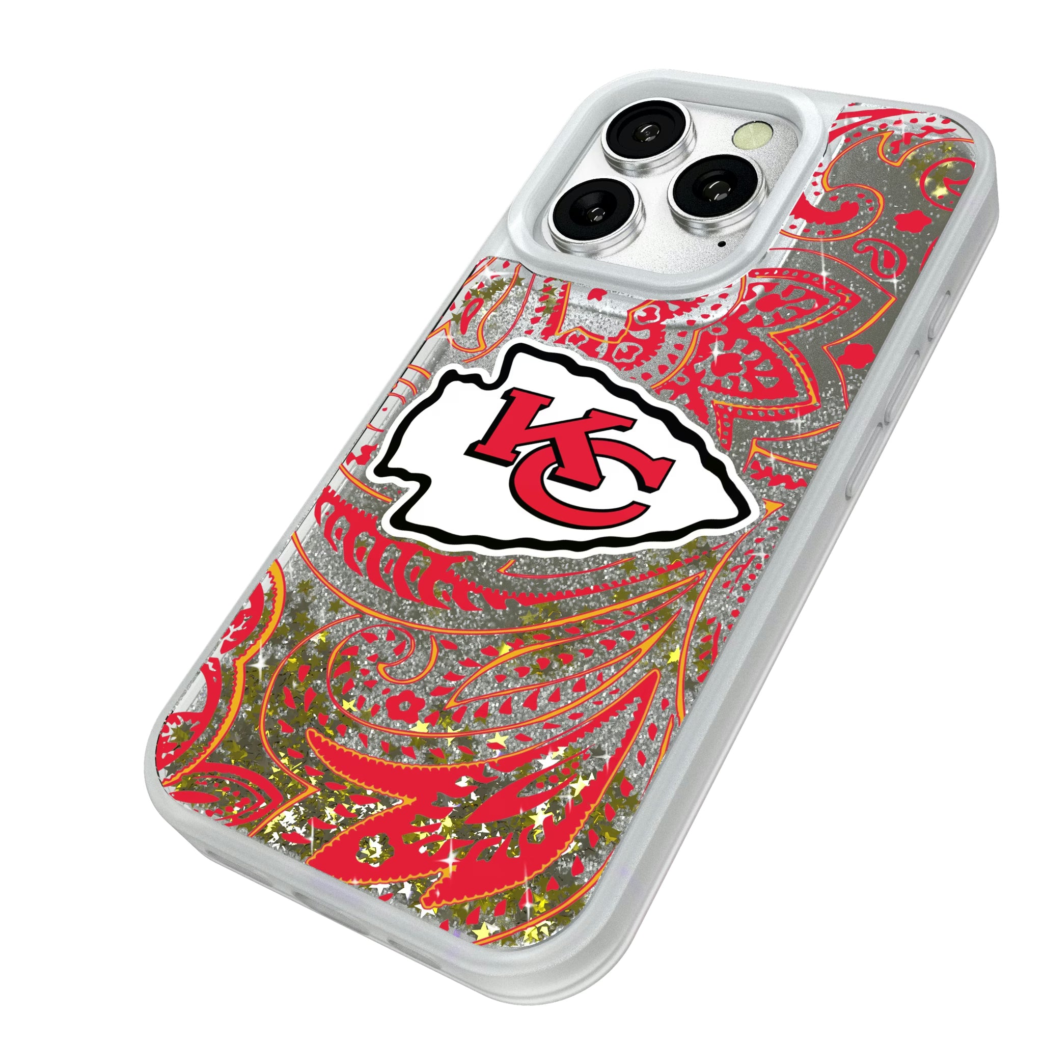 Kansas City Chiefs Paisley iPhone Glitter Phone Case for Apple iPhone - Isometric View#Device_iPhone 16 Pro