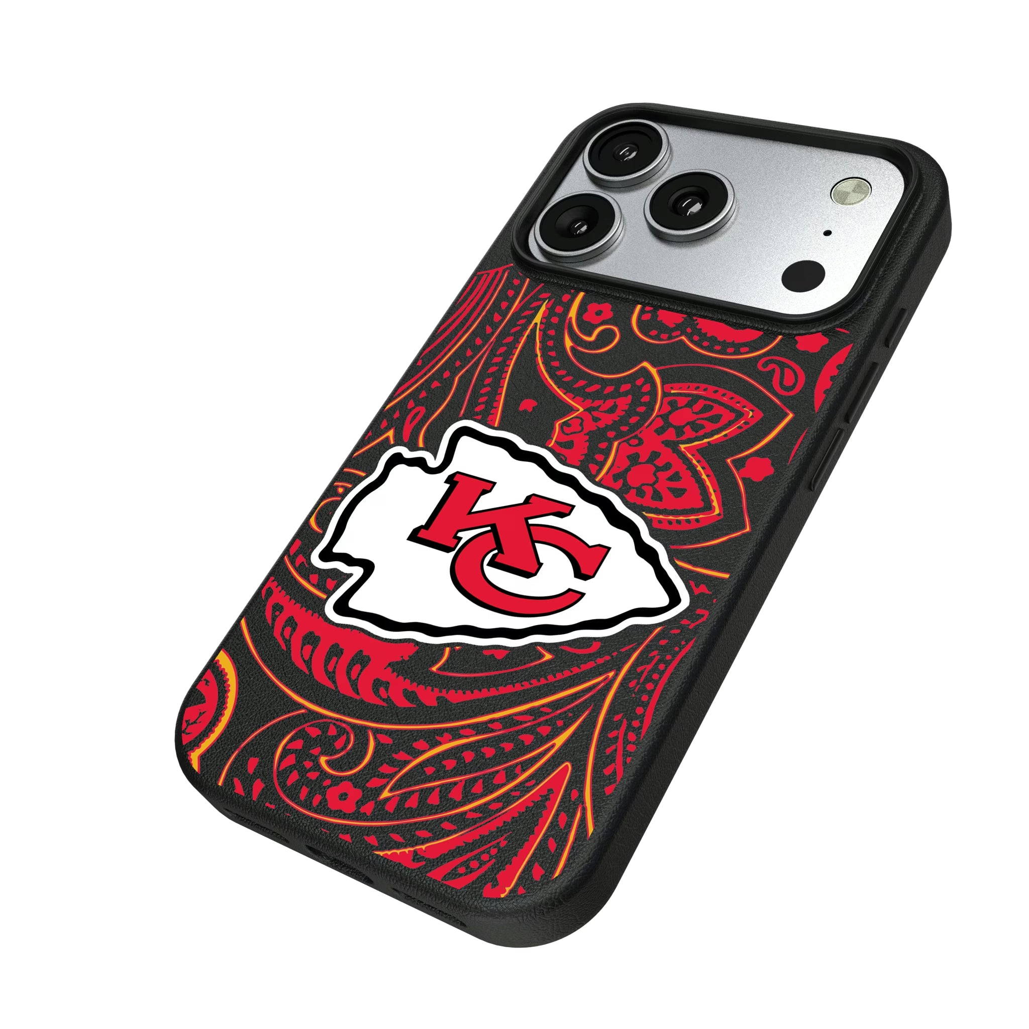 Kansas City Chiefs Paisley iPhone MagSafe Compatible Phone Case for Apple iPhone - Isometric View#Device_iPhone 17 Pro